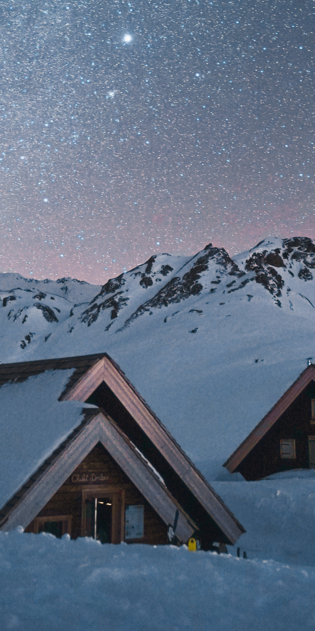 Winter, landscape, houses, mountains, 1080x2160 wallpaper