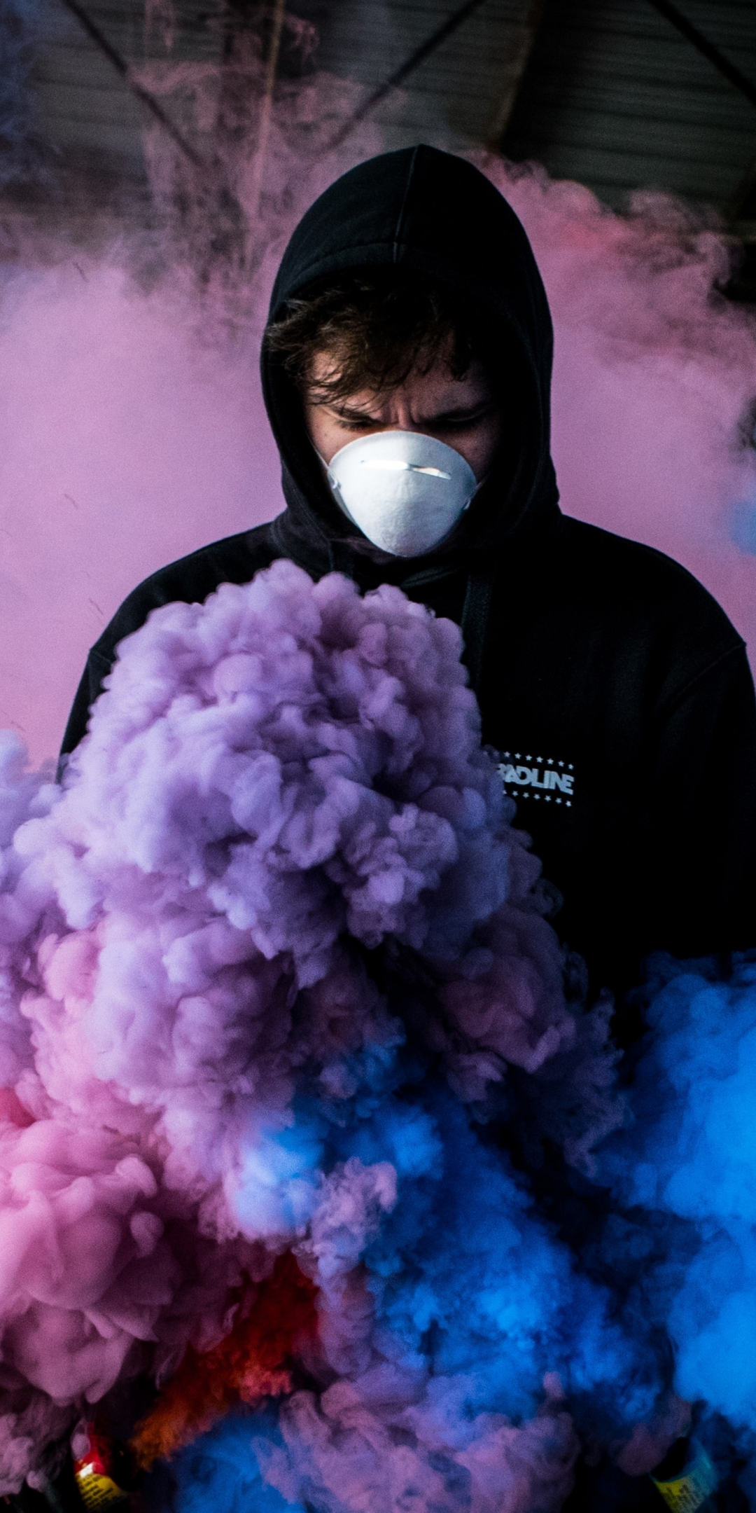 Colorful smoke, man in mask, 1080x2160 wallpaper