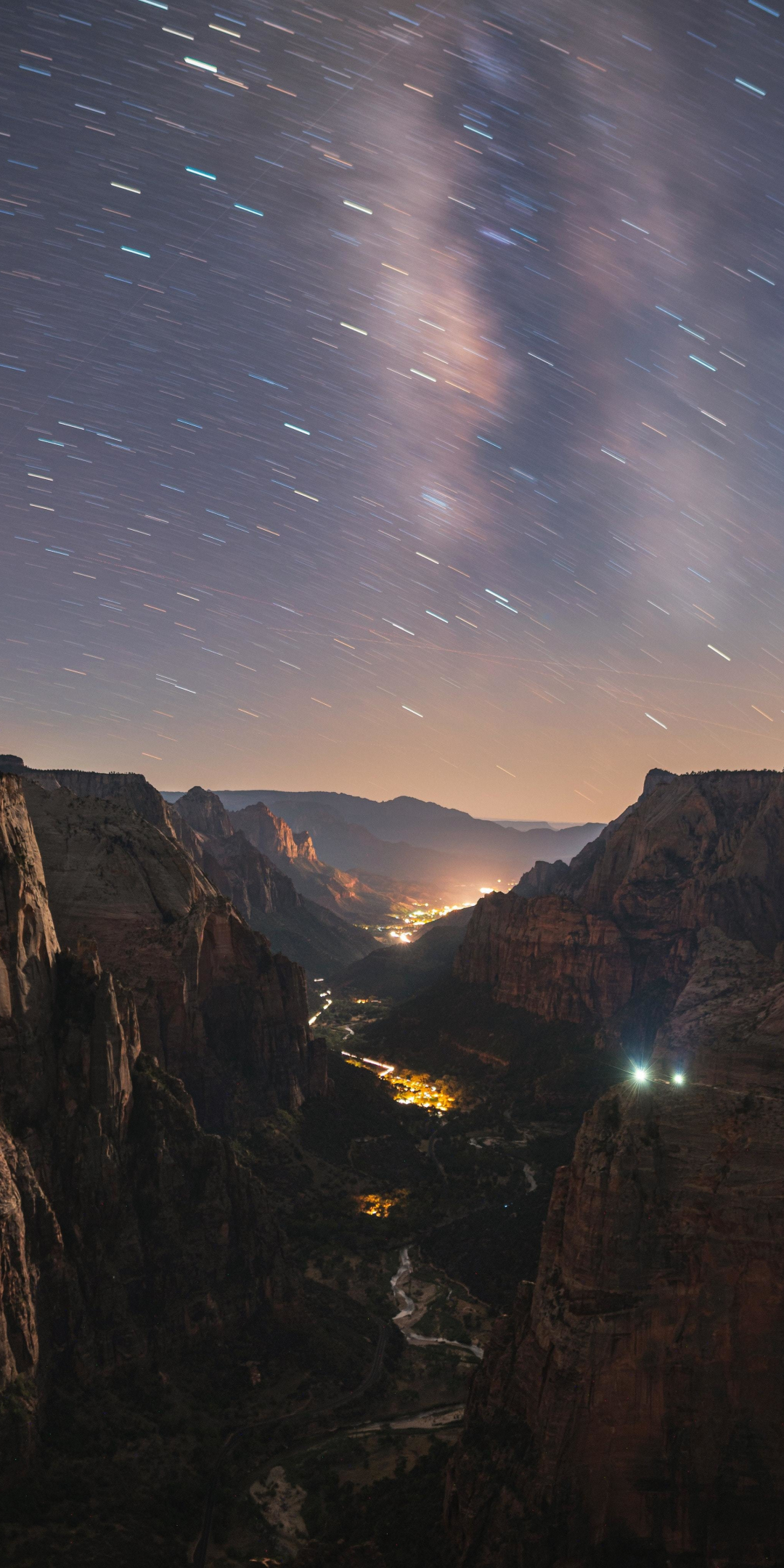 Valley, mountains, city, starry sky, evening, 1080x2160 wallpaper