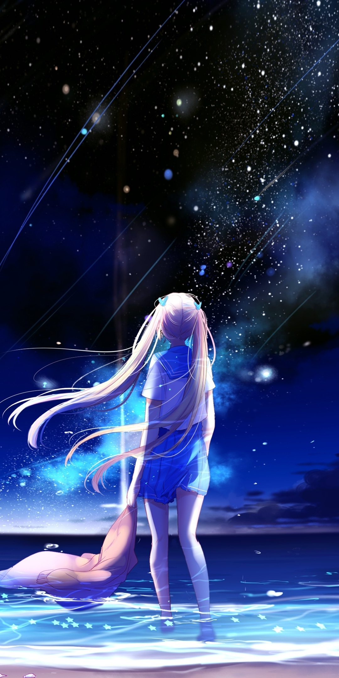 Anime girl, outdoor, night, starfall, 1080x2160 wallpaper