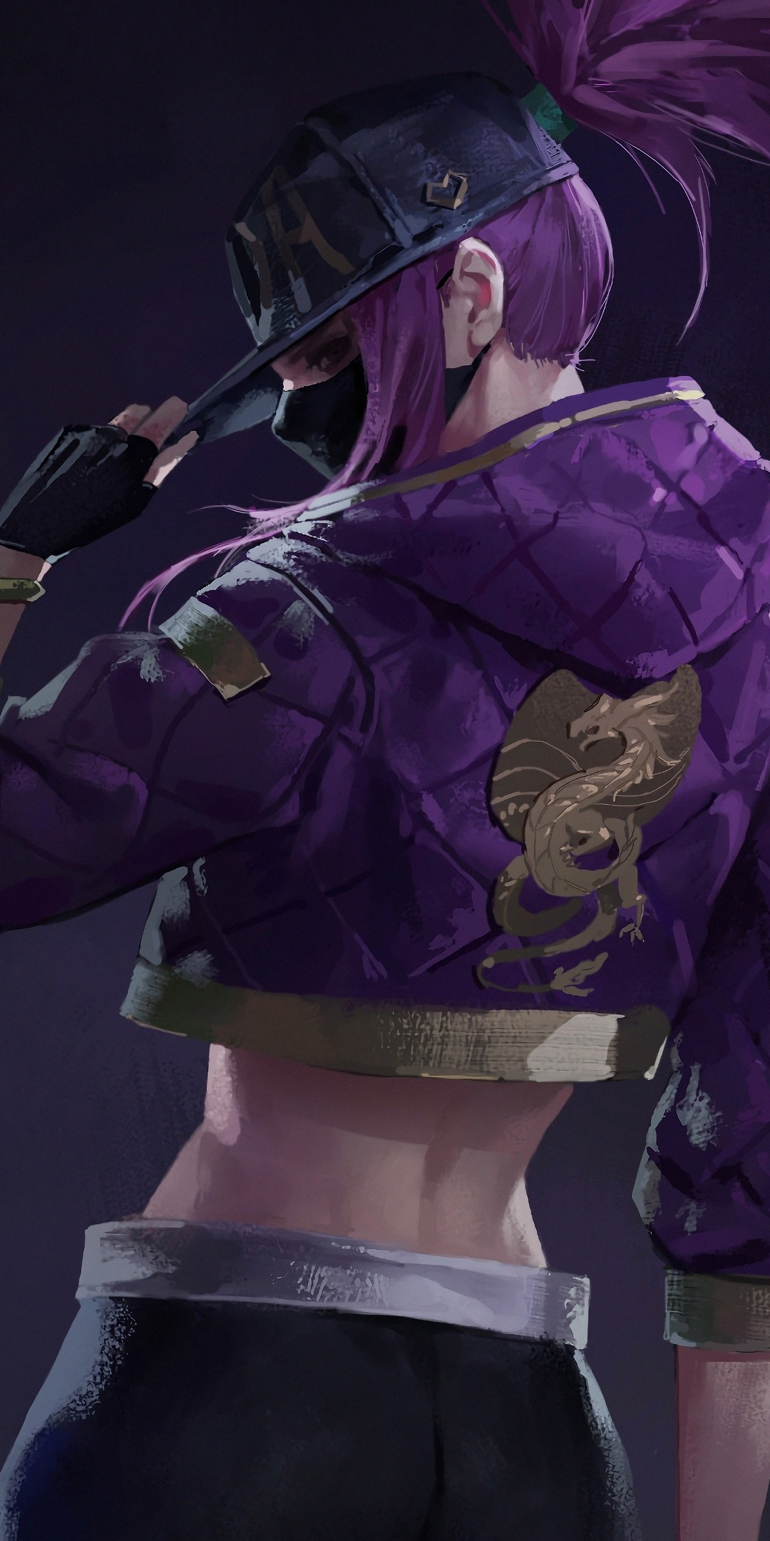 Akali, purple hair, League of Legends, artwork, 1080x2160 wallpaper