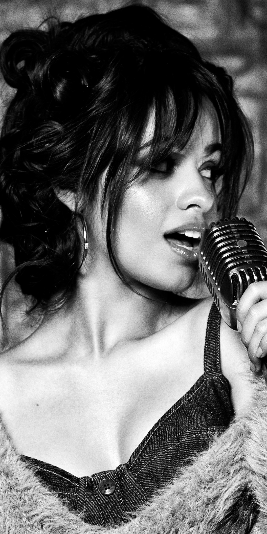 Camila Cabello, microphone, Guess, monochrome, 1080x2160 wallpaper