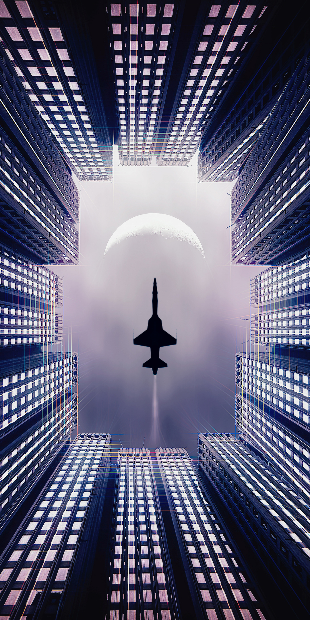 Jet, fighter plane, buildings, facade, silhouette, 1080x2160 wallpaper
