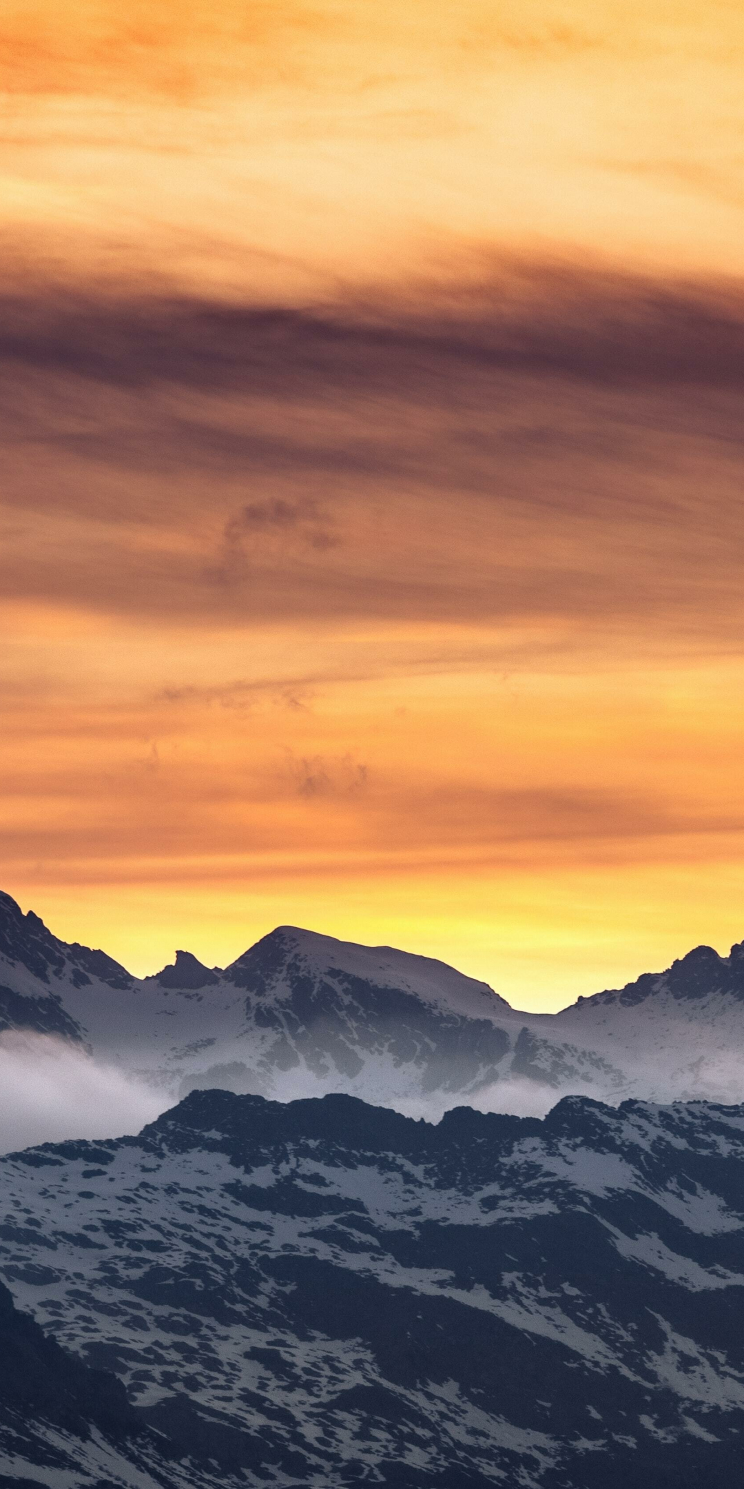 Beautiful sunset, mountains, horizon, yellow sky, 1080x2160 wallpaper