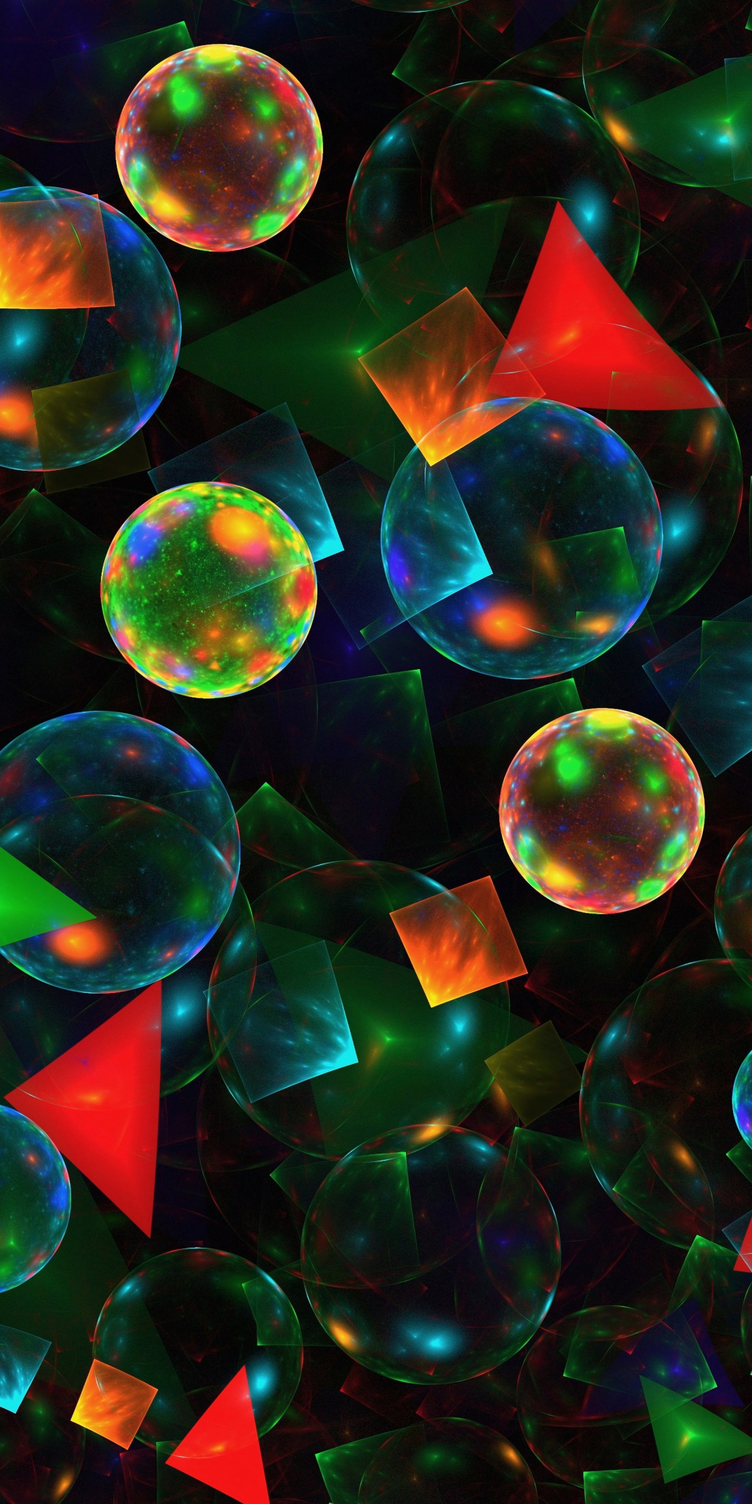 Abstract, colorful, balls and triangles, shapes, art, 1080x2160 wallpaper