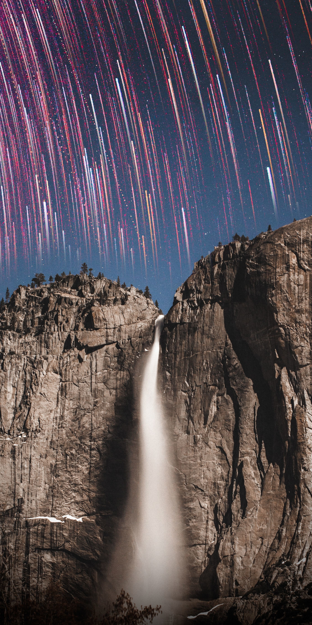 Star trails, rock cliff waterfall, 1080x2160 wallpaper