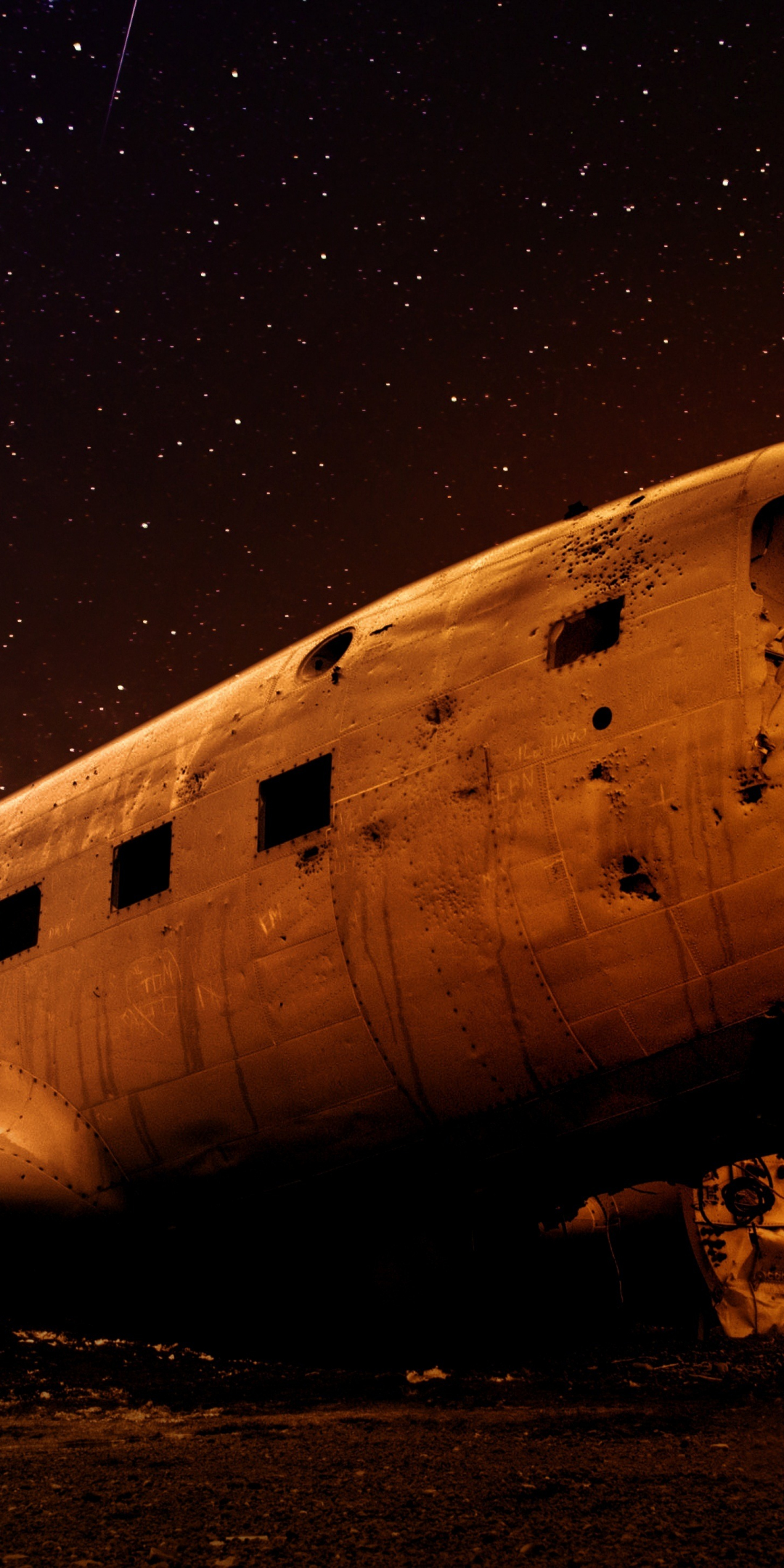 Starry night, wreck, airplane, landscape, 1080x2160 wallpaper