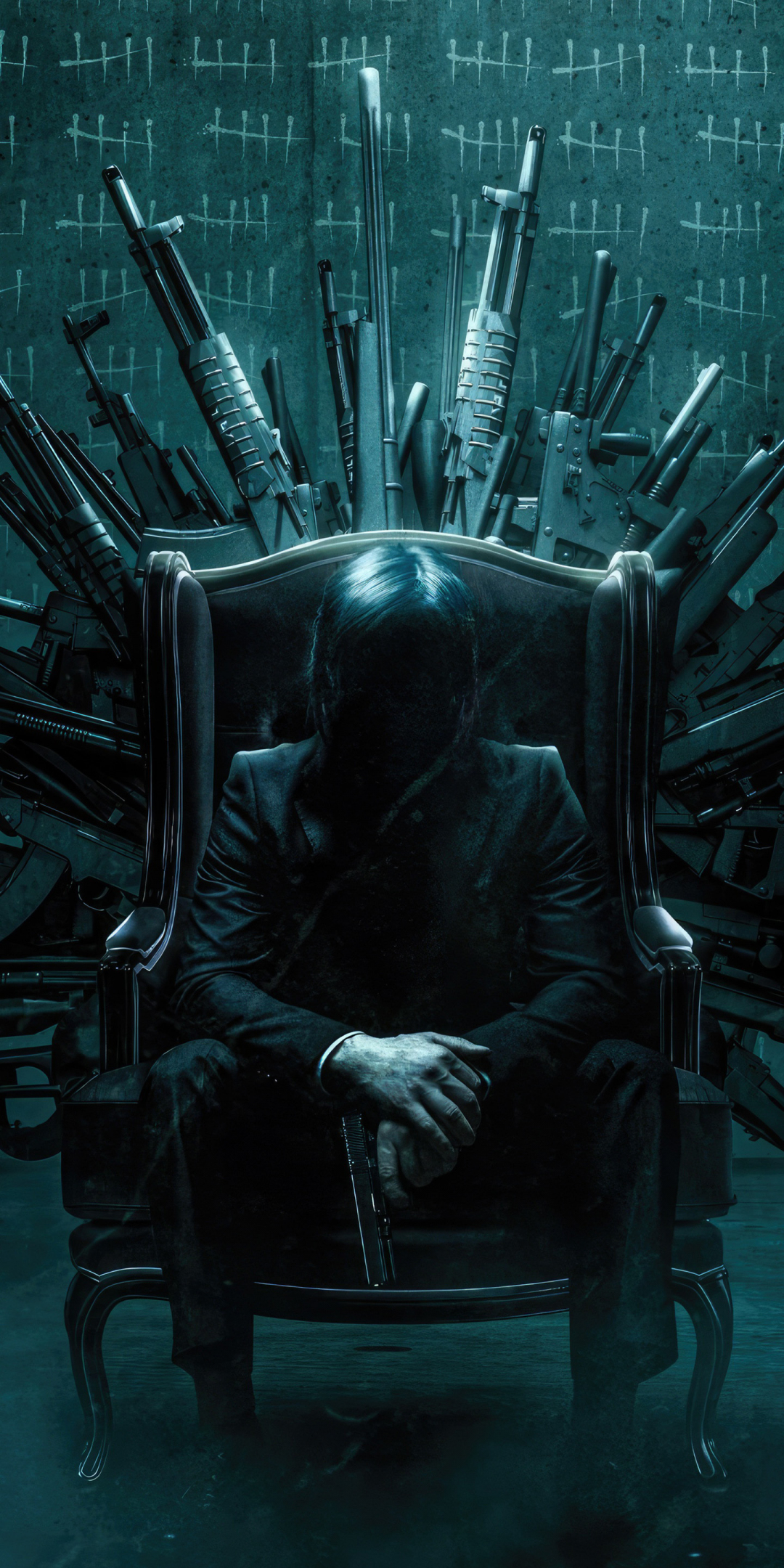John wick, sitting on gun chair, movie art, 1080x2160 wallpaper