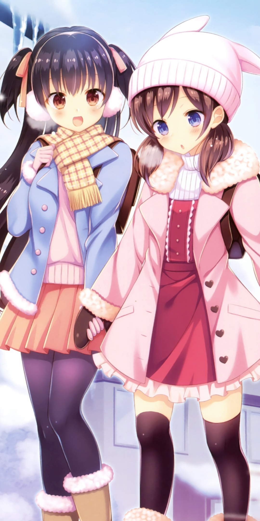 Winter, outdoor, girls, anime, friends, 1080x2160 wallpaper