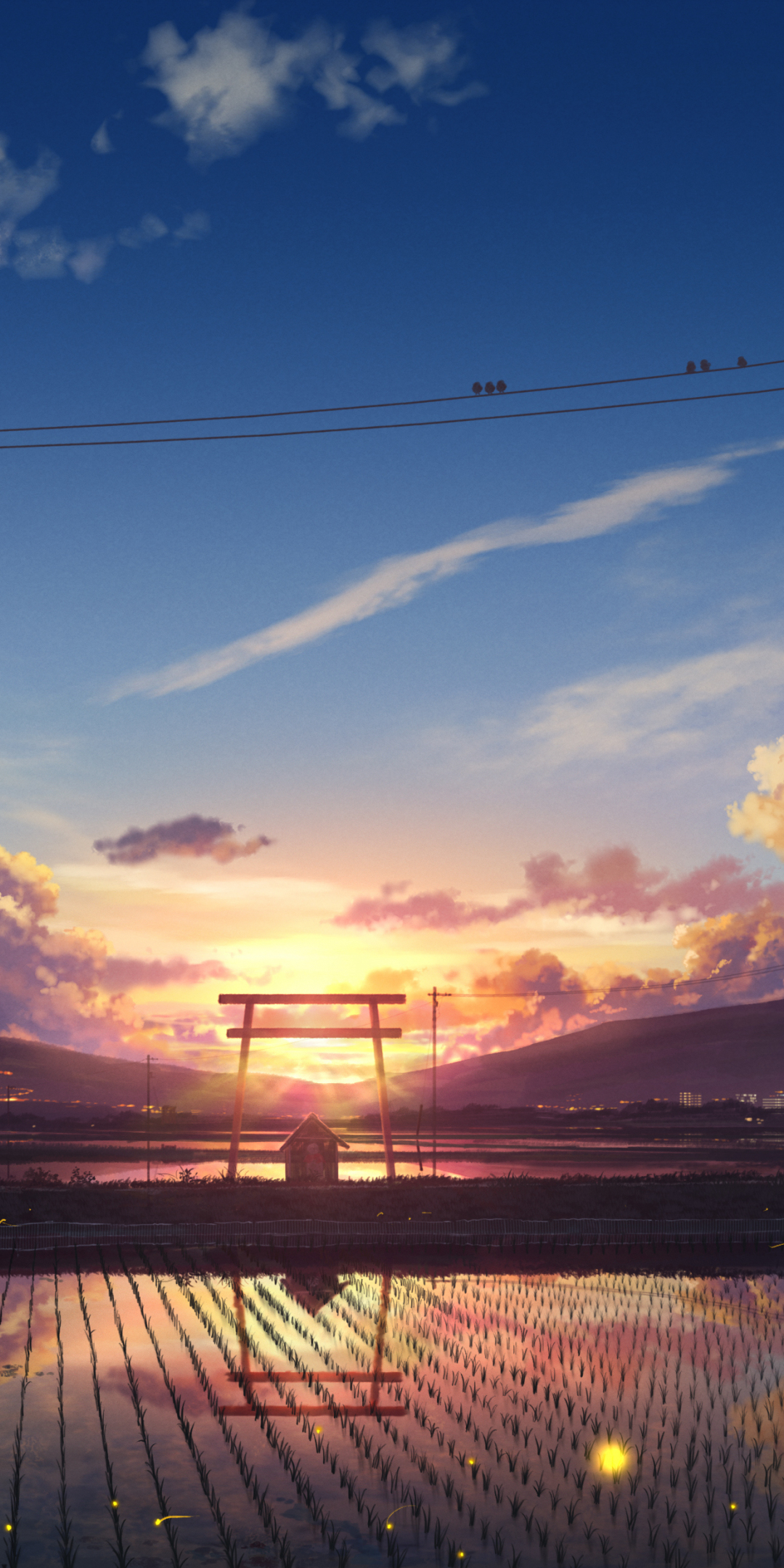 Farms, landscape, village, sunset, anime, 1080x2160 wallpaper