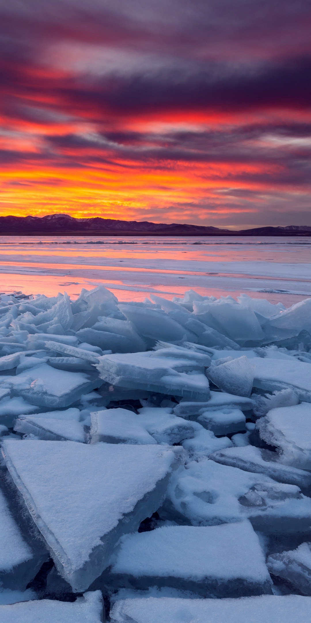 Sunset, seashore, ice, nature, 1080x2160 wallpaper