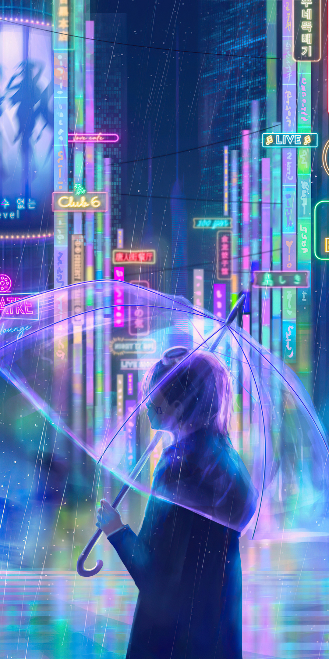 Glowing city, neon, girl with umbrella, original, artwork, 1080x2160 wallpaper