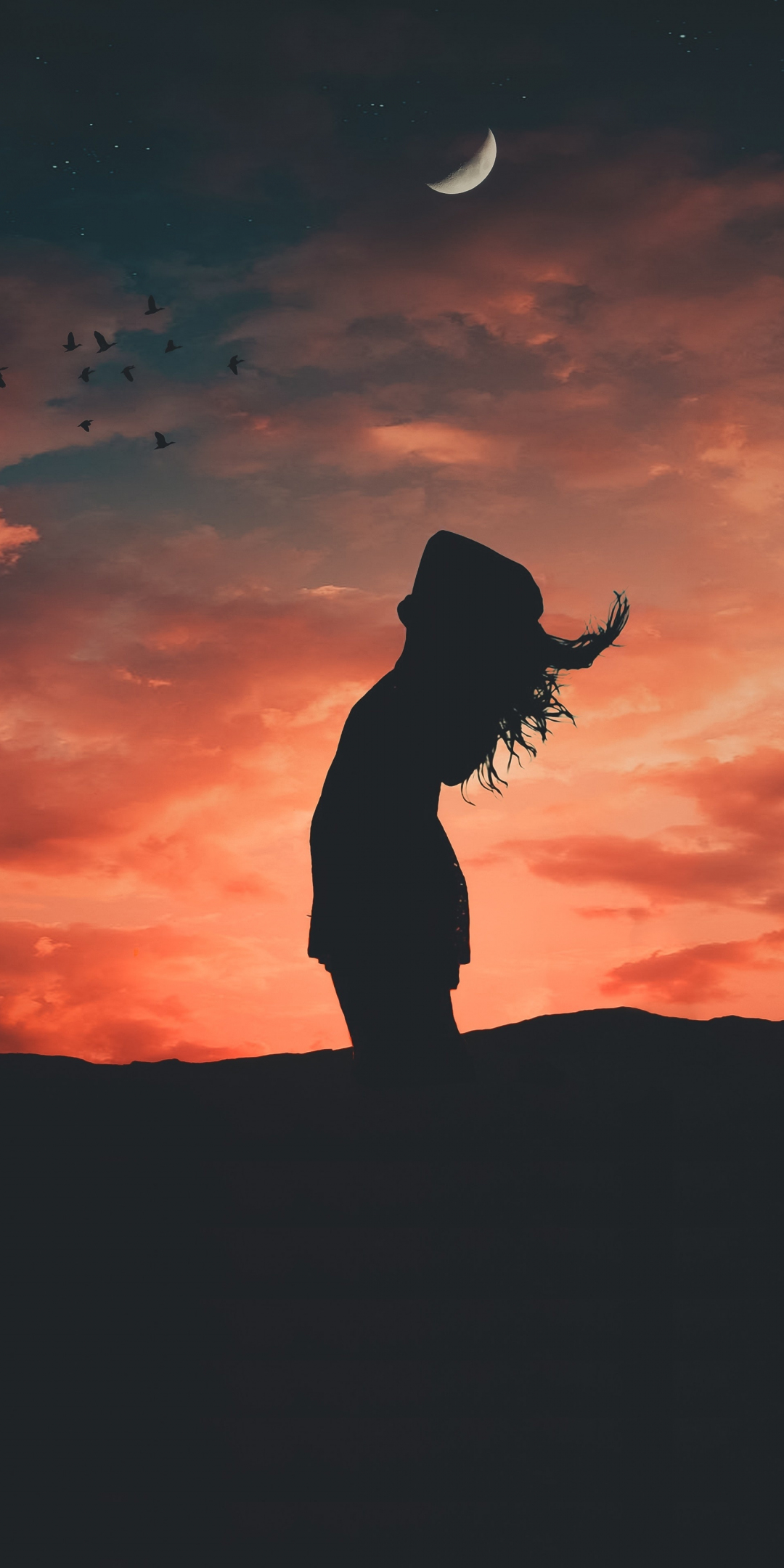 Sunset, girl, freedom, outdoor, relaxed, silhouette, 1080x2160 wallpaper