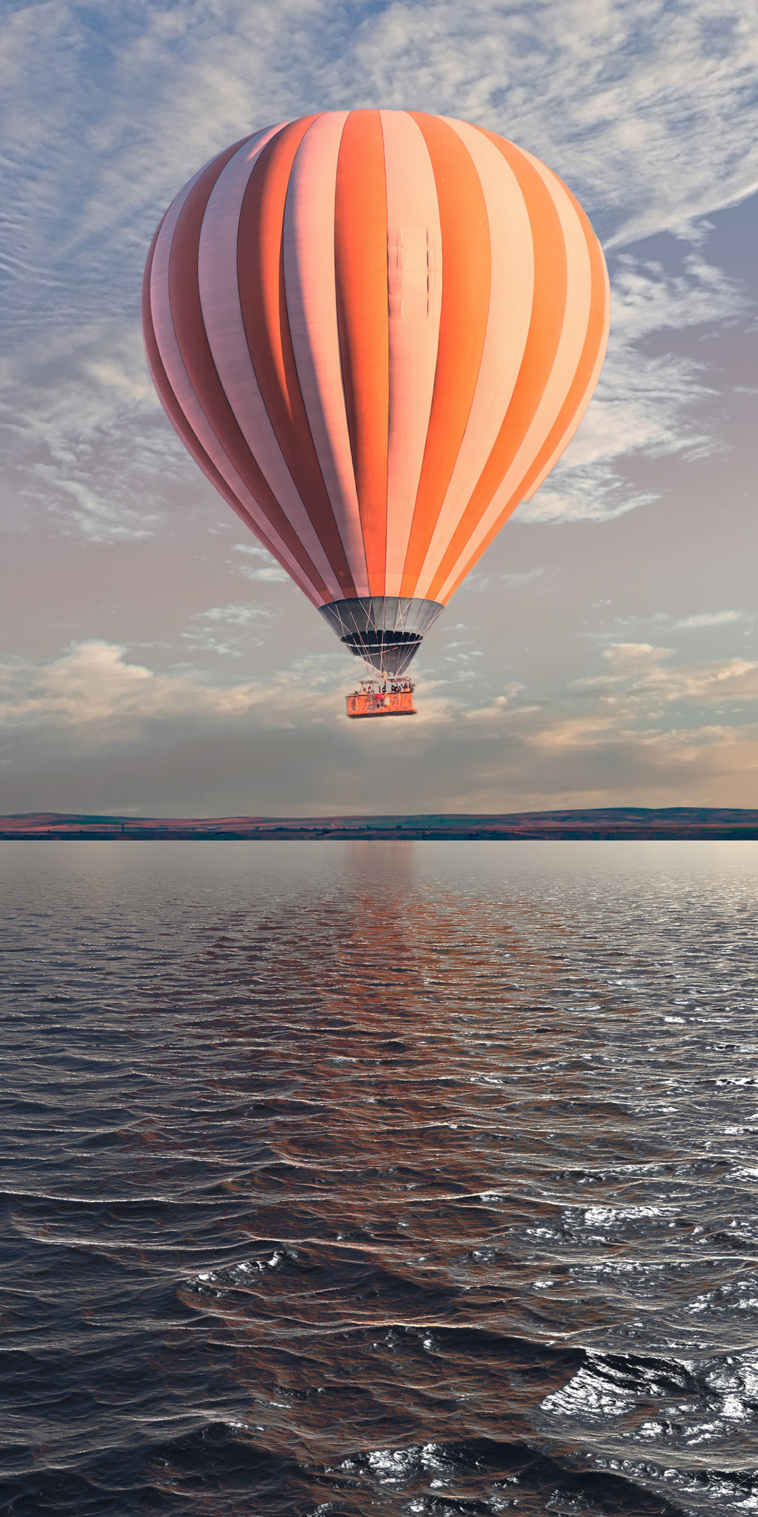 Hot air balloon over lake, body of water, sky, 1080x2160 wallpaper