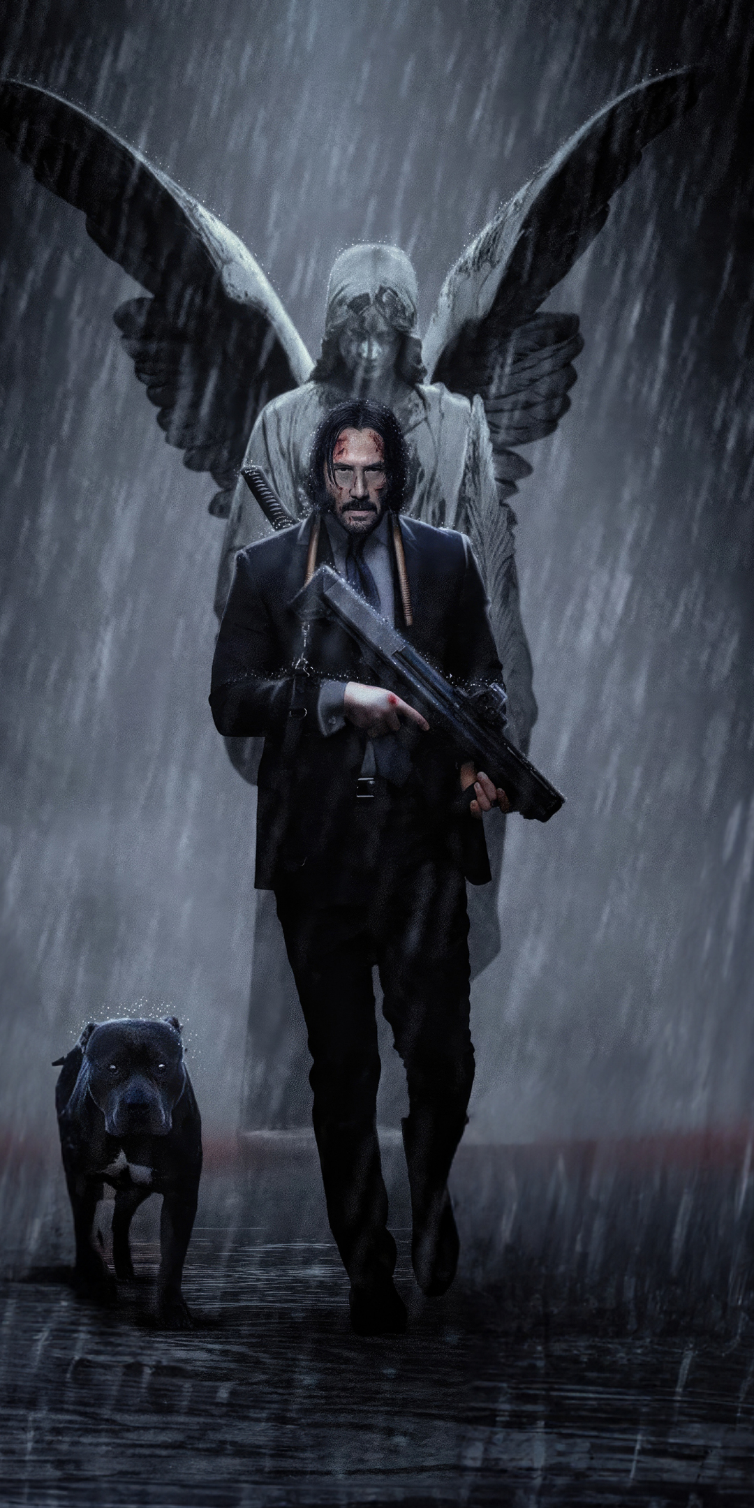 John Wick and his dog, walking in the rain, movie, 1080x2160 wallpaper
