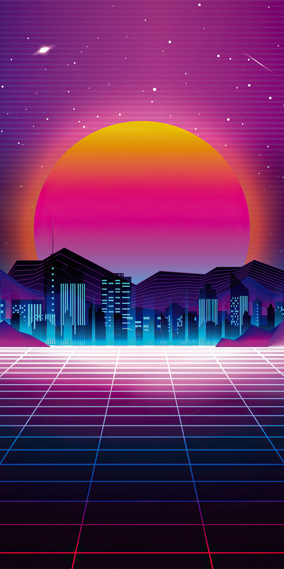 Retro city, sunset, digital art, 1080x2160 wallpaper