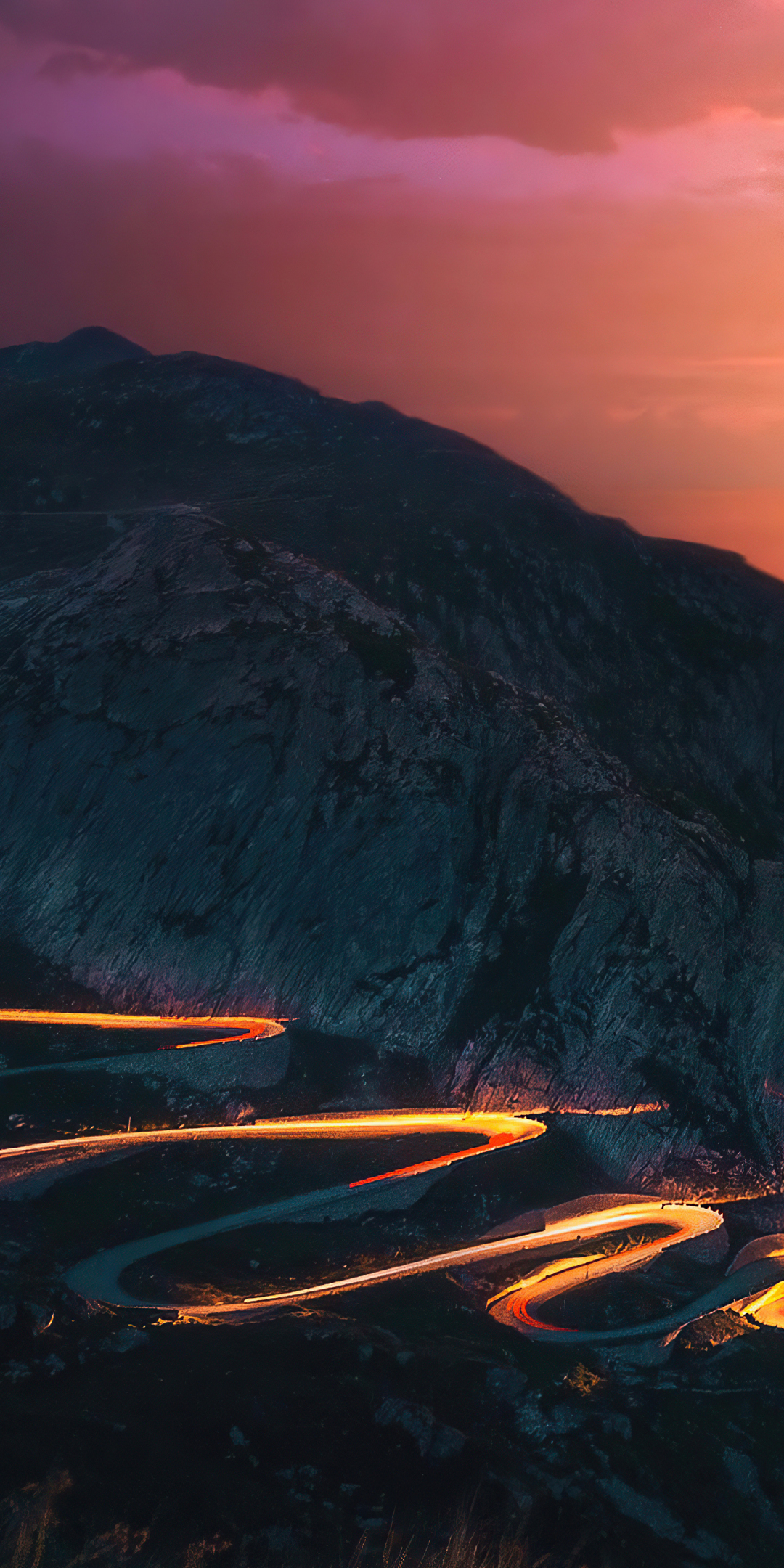 Sunset, trails of lights, mountains, road, long exposure, 1080x2160 wallpaper