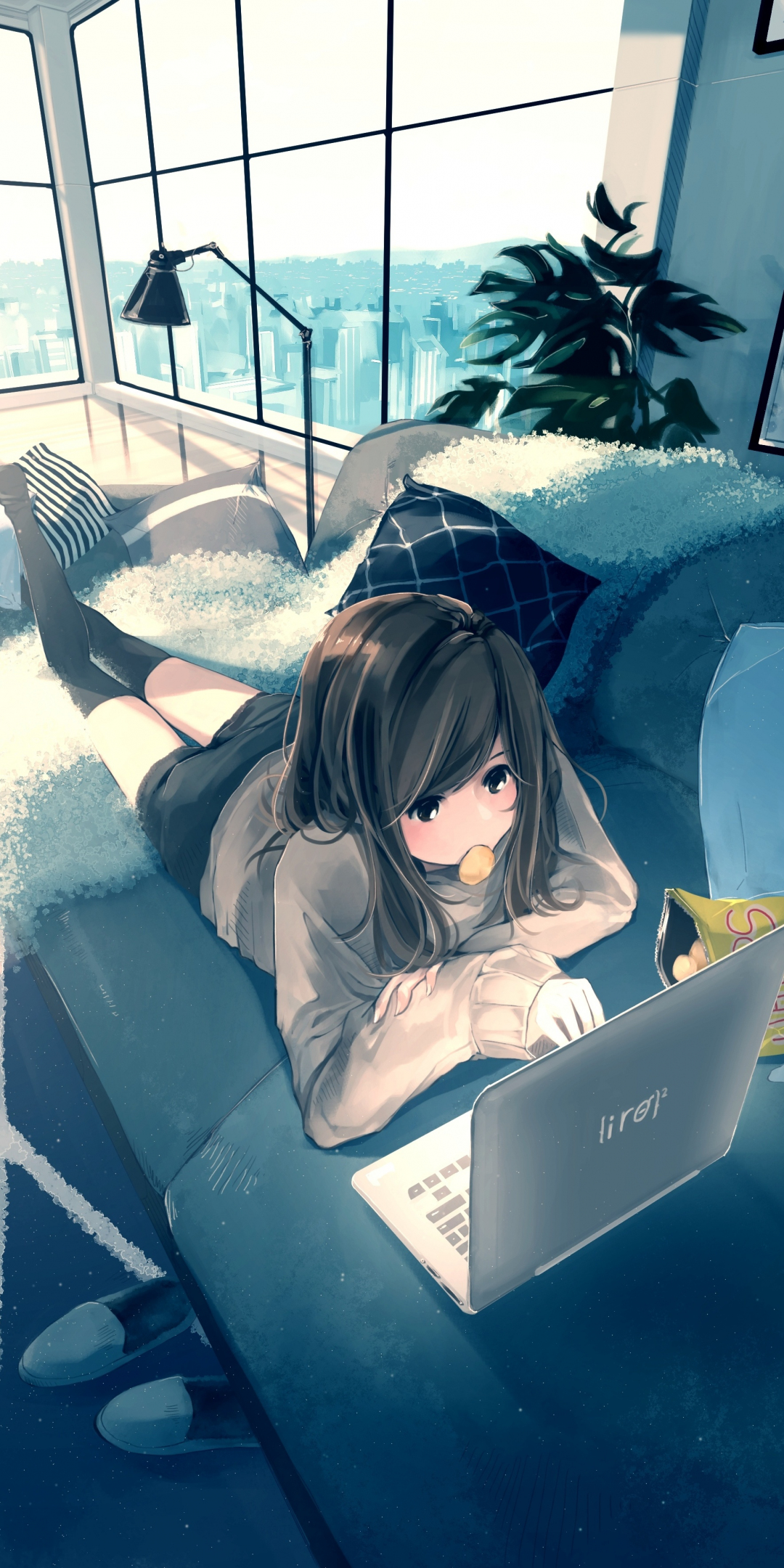 Laptop, anime girl, relaxed, original, art, 1080x2160 wallpaper