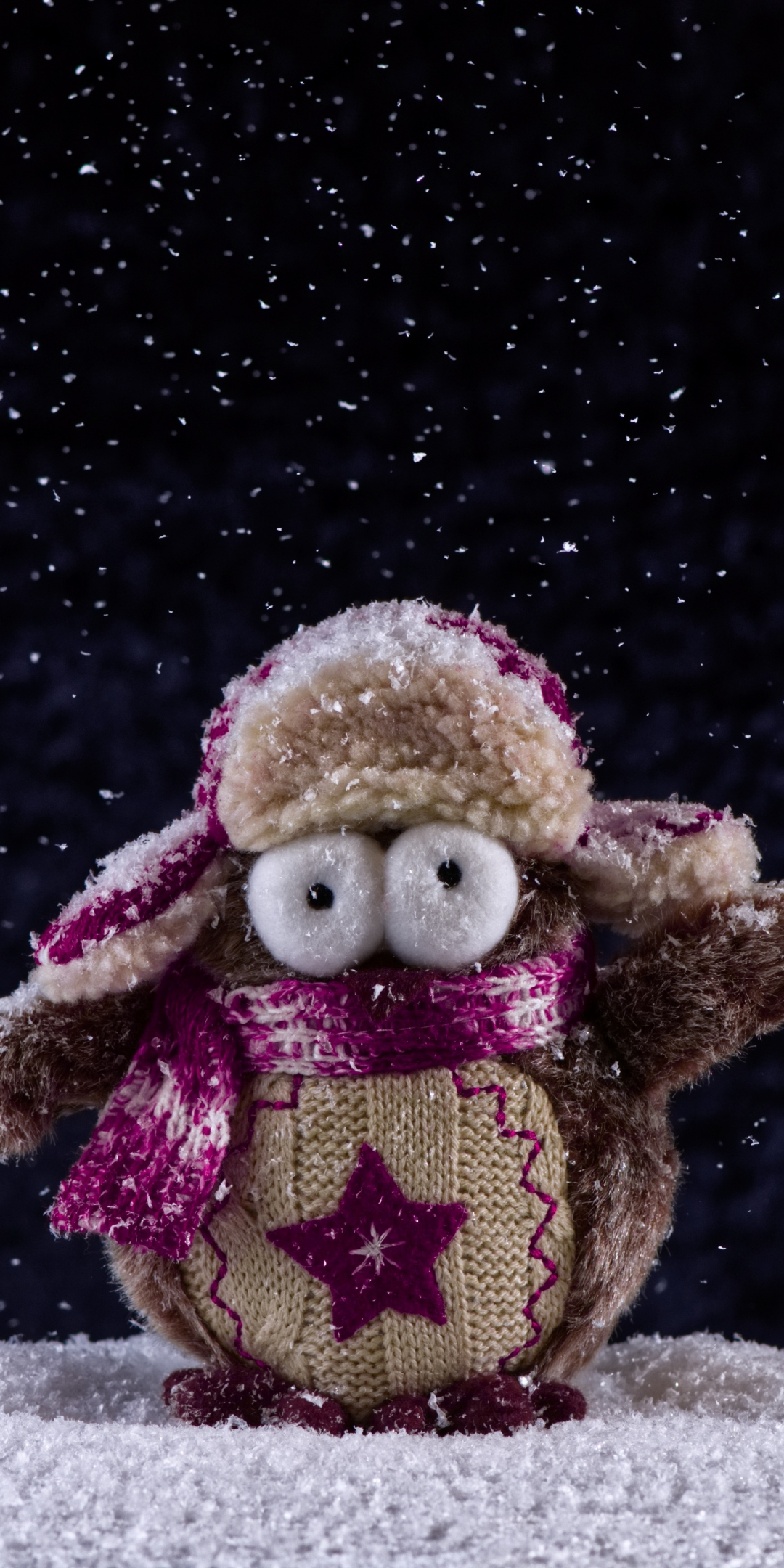 Toy, figure, owl, snowfall, 1080x2160 wallpaper