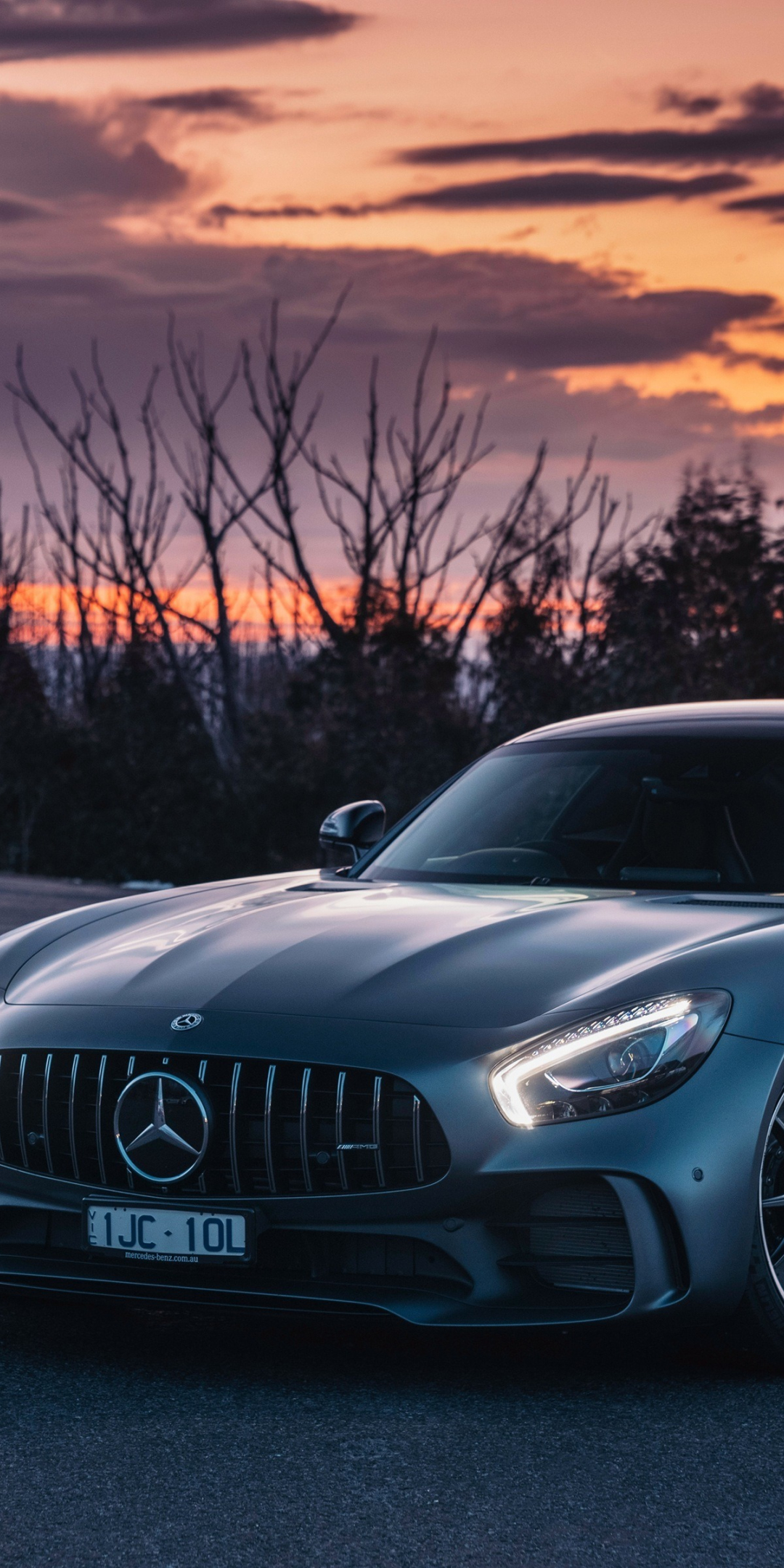 Sunset, Mercedes-AMG GT, luxury car, 1080x2160 wallpaper