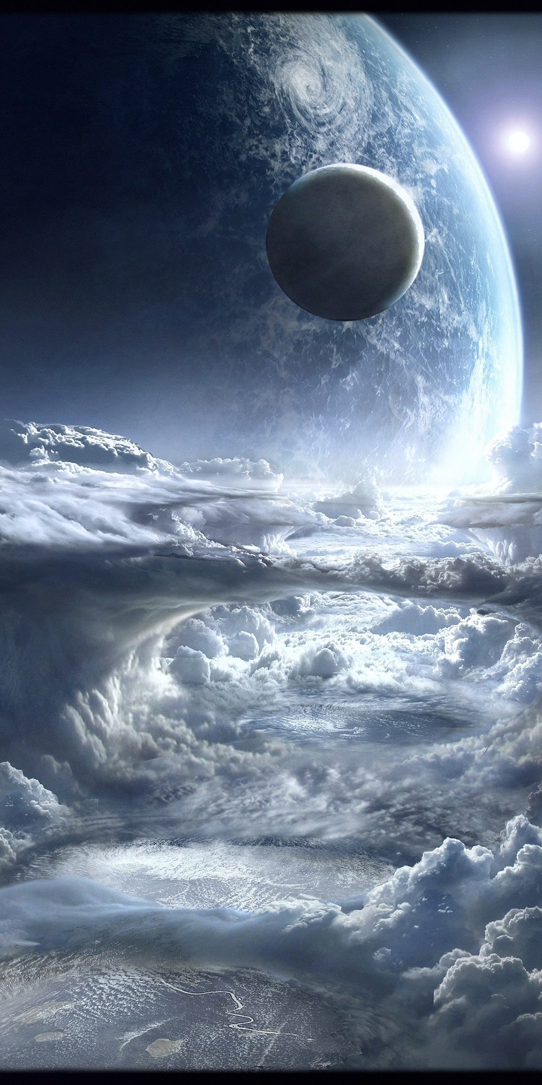 Space, white clouds, planet, fantasy, 1080x2160 wallpaper