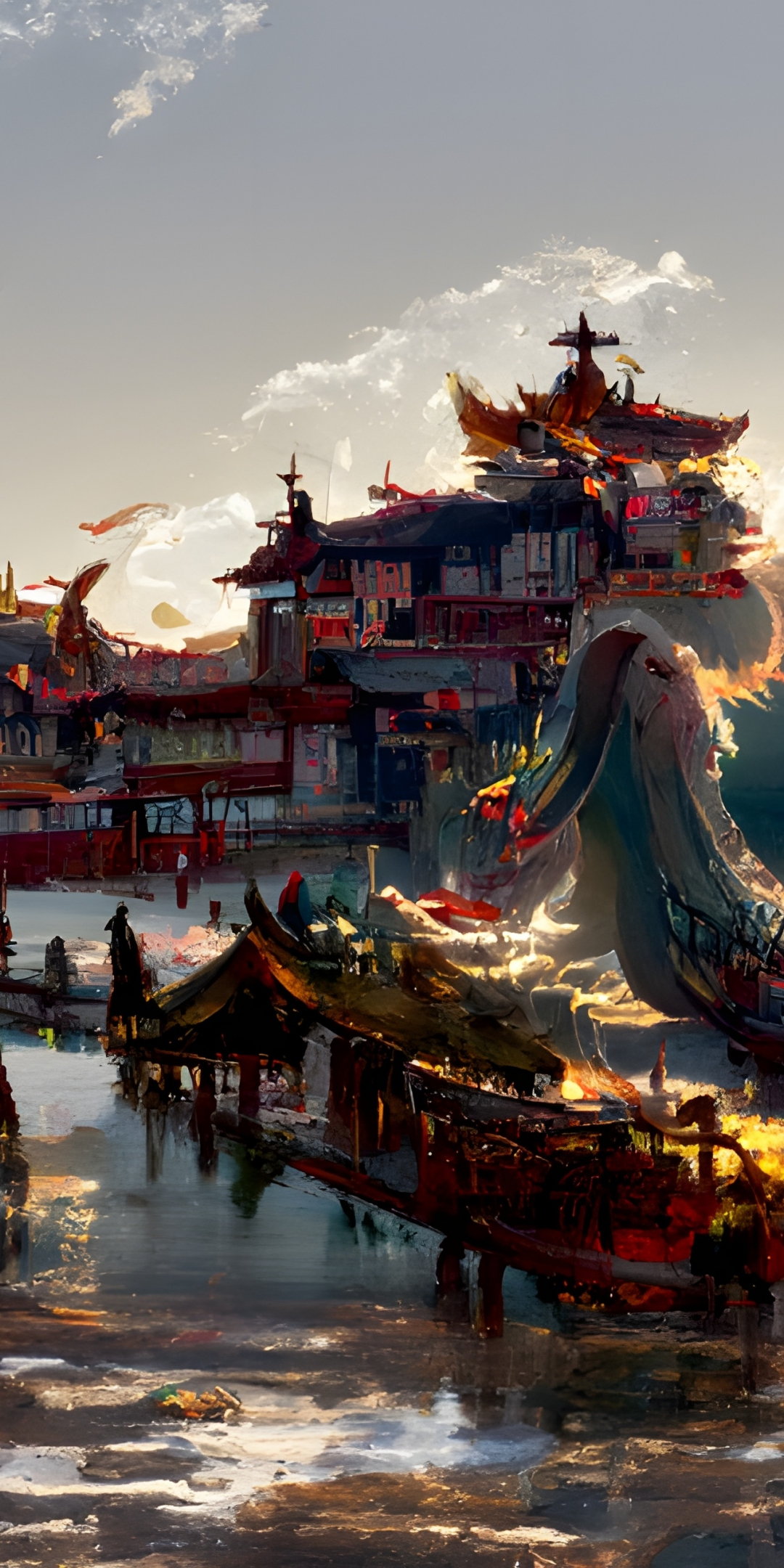 China's ancient town, dragon, fantasy, art, 1080x2160 wallpaper