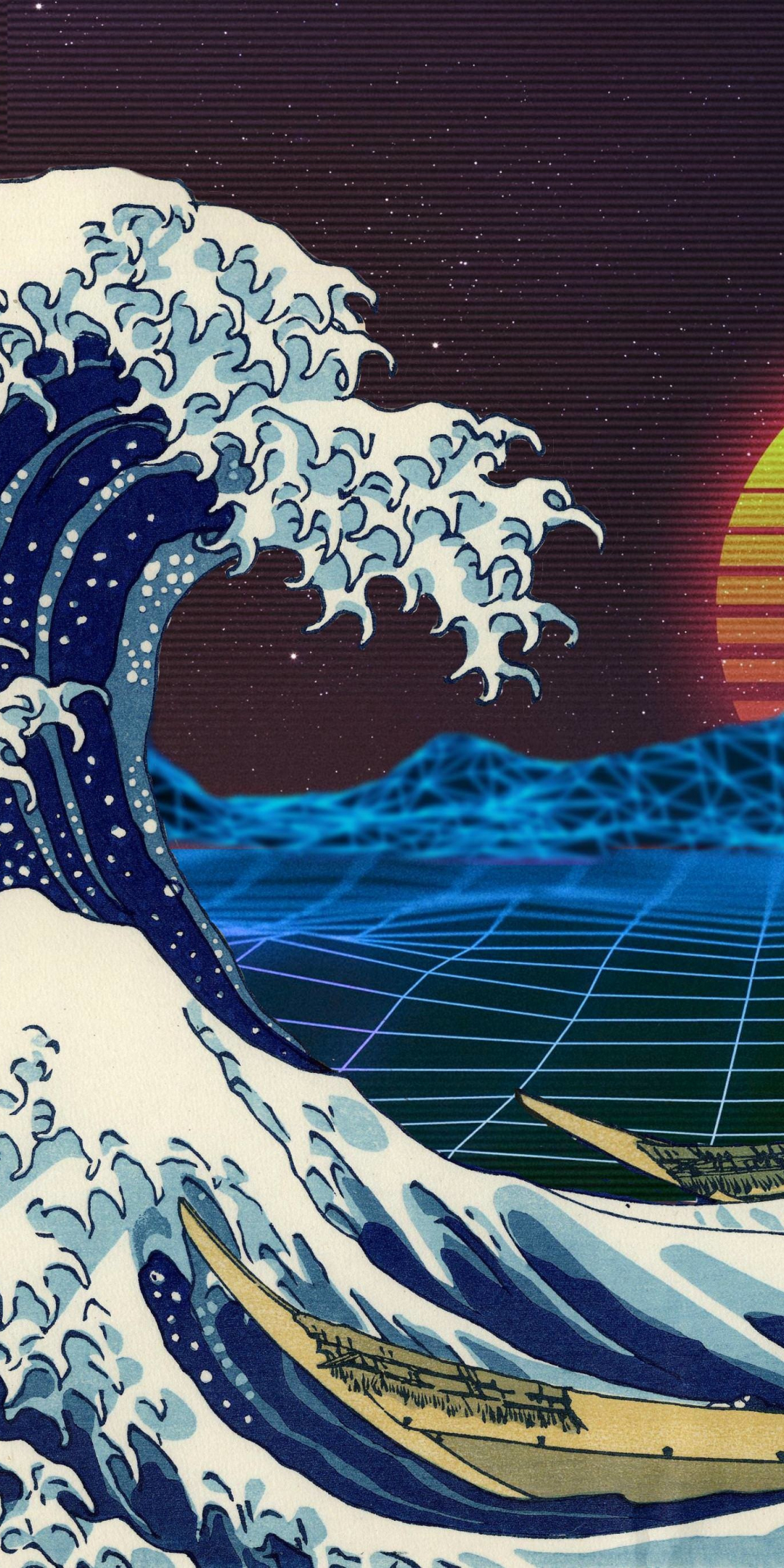 Retro, art, tide, sea waves, moon, 1080x2160 wallpaper