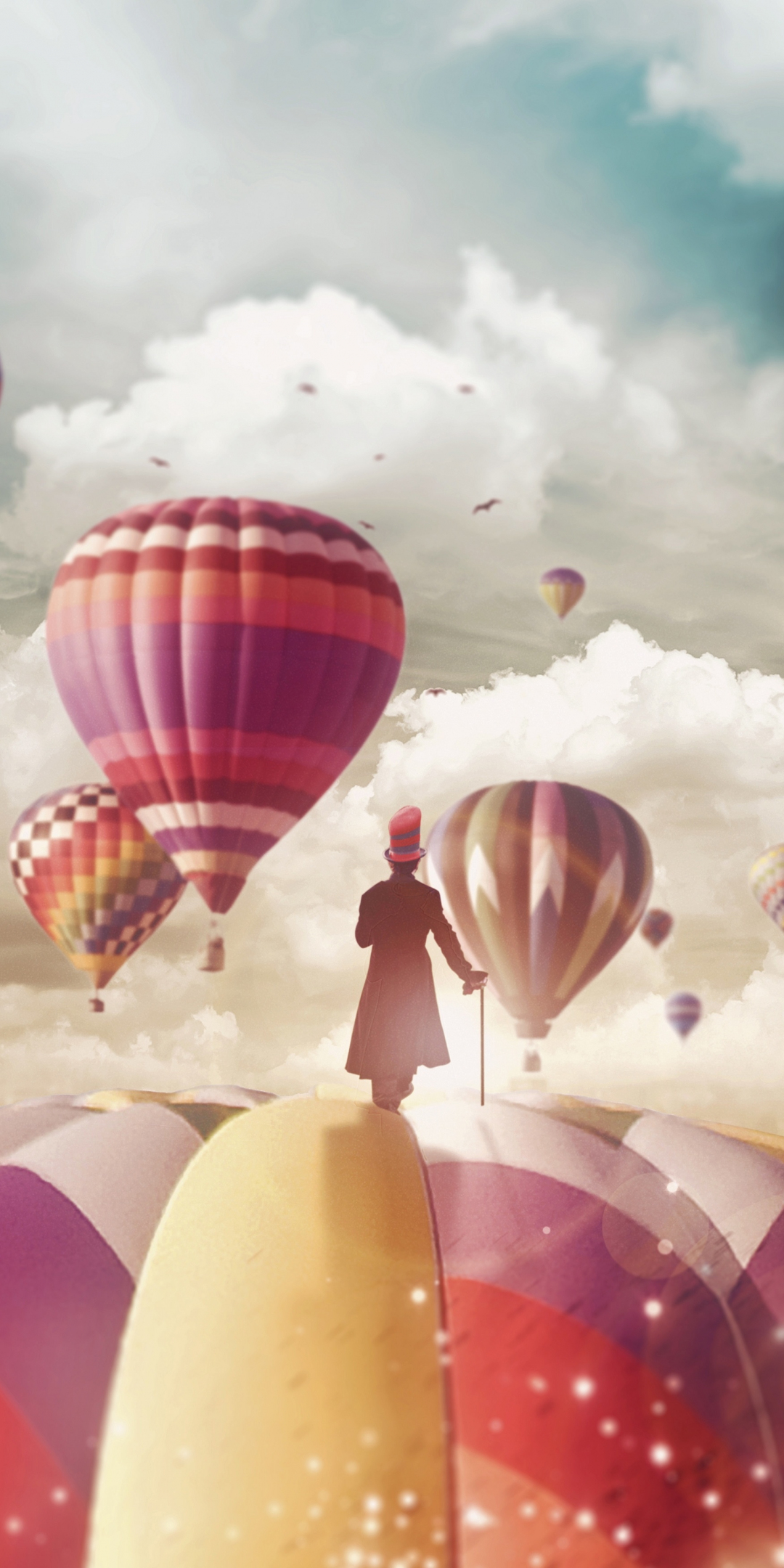 Magician, hot air balloons, ride, fantasy, surreal, 1080x2160 wallpaper