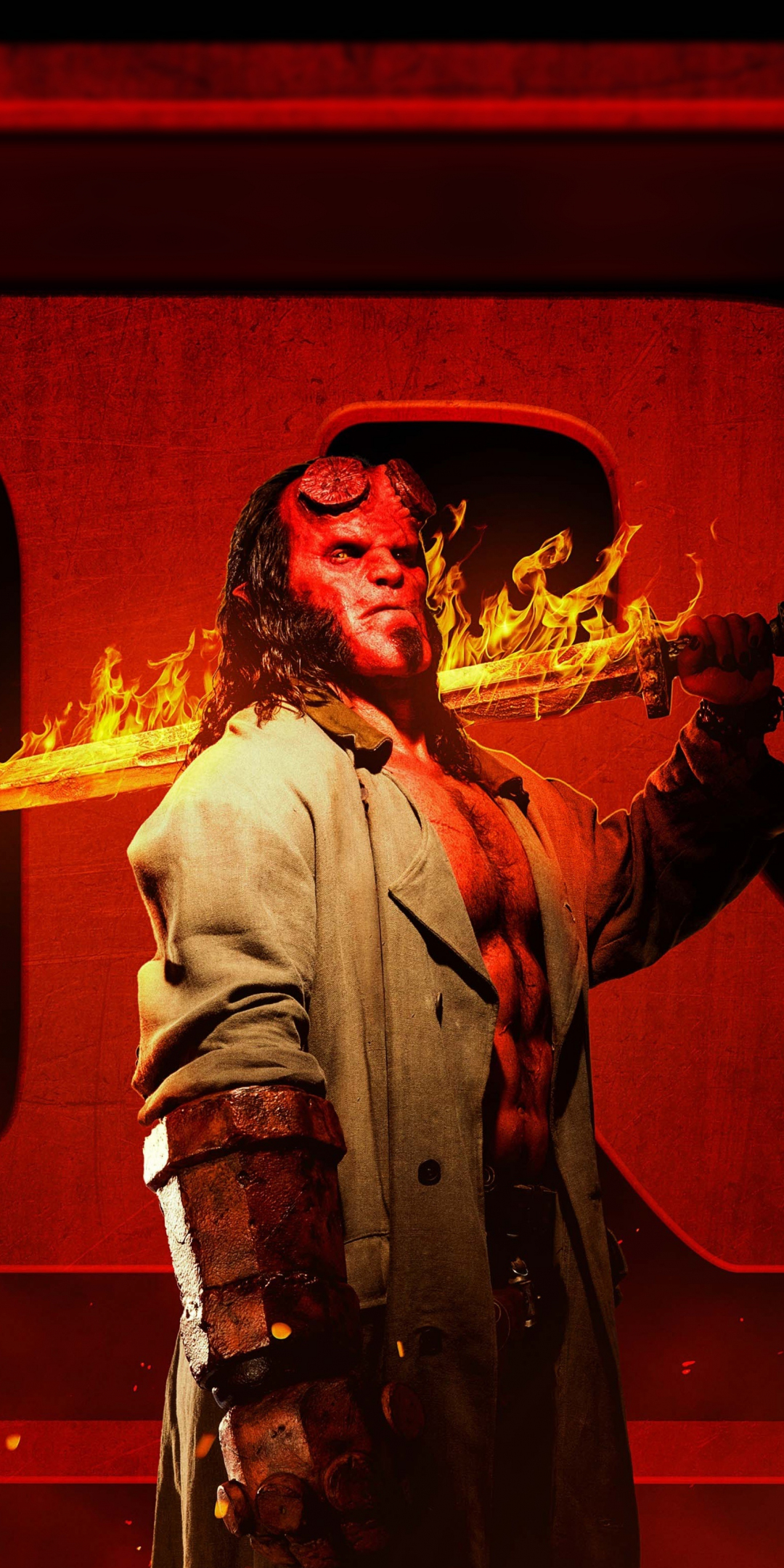 Hellboy, movie, sword fire, 2019, 1080x2160 wallpaper