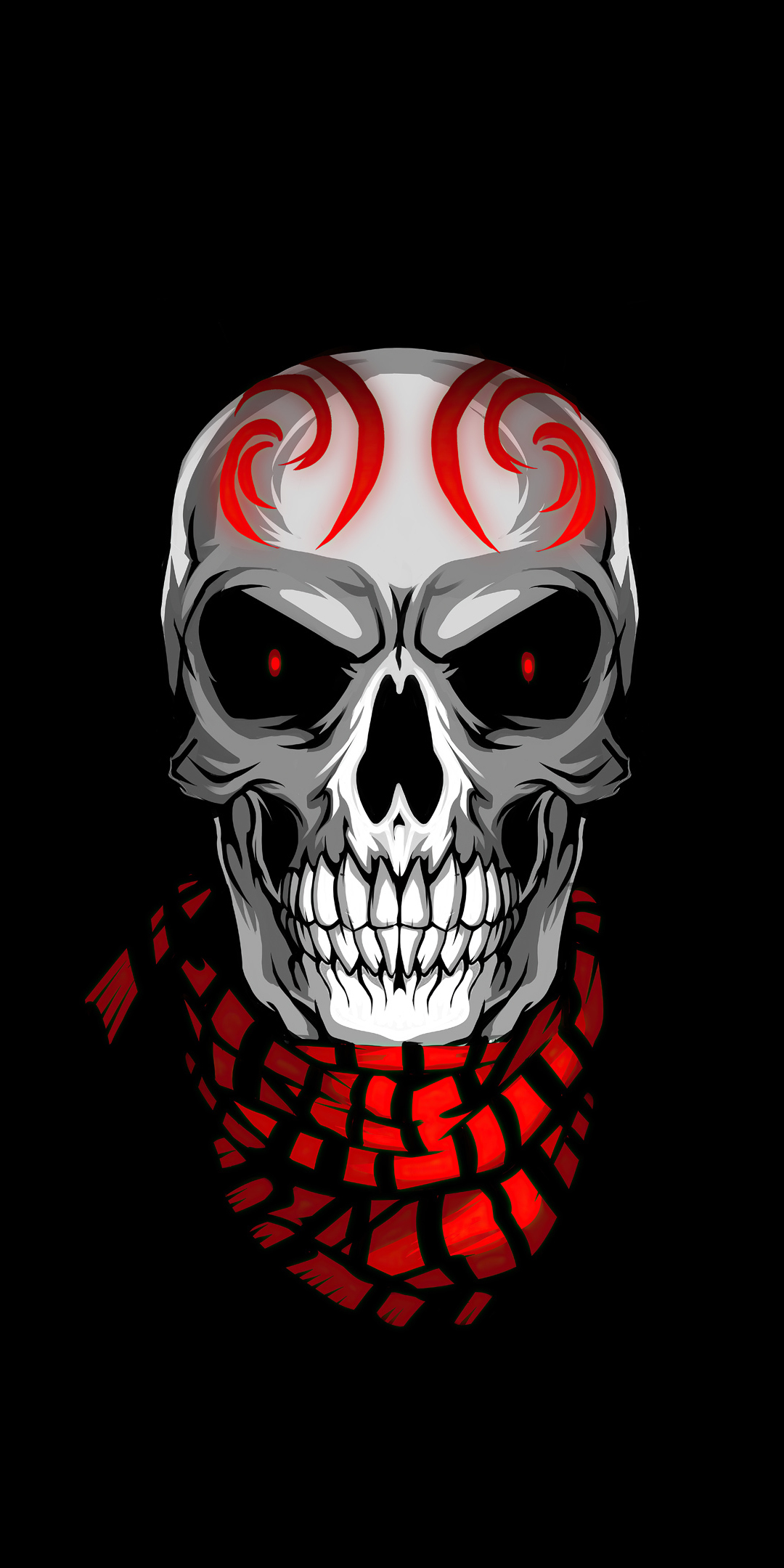 Skull with scarves, red eyes, minimal, 1080x2160 wallpaper