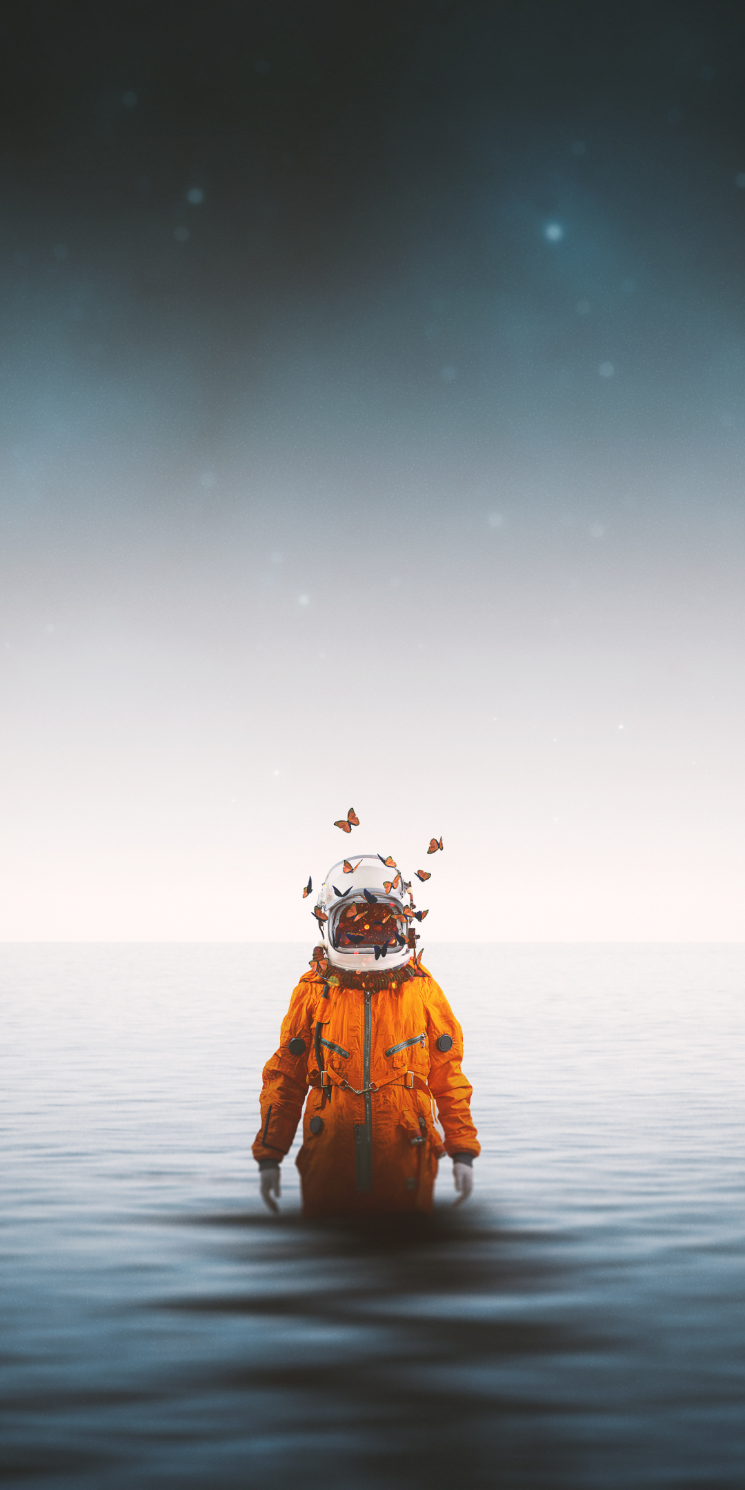 Astronaut, spacesuit, butterflies, fantasy, digital art, 1080x2160 wallpaper