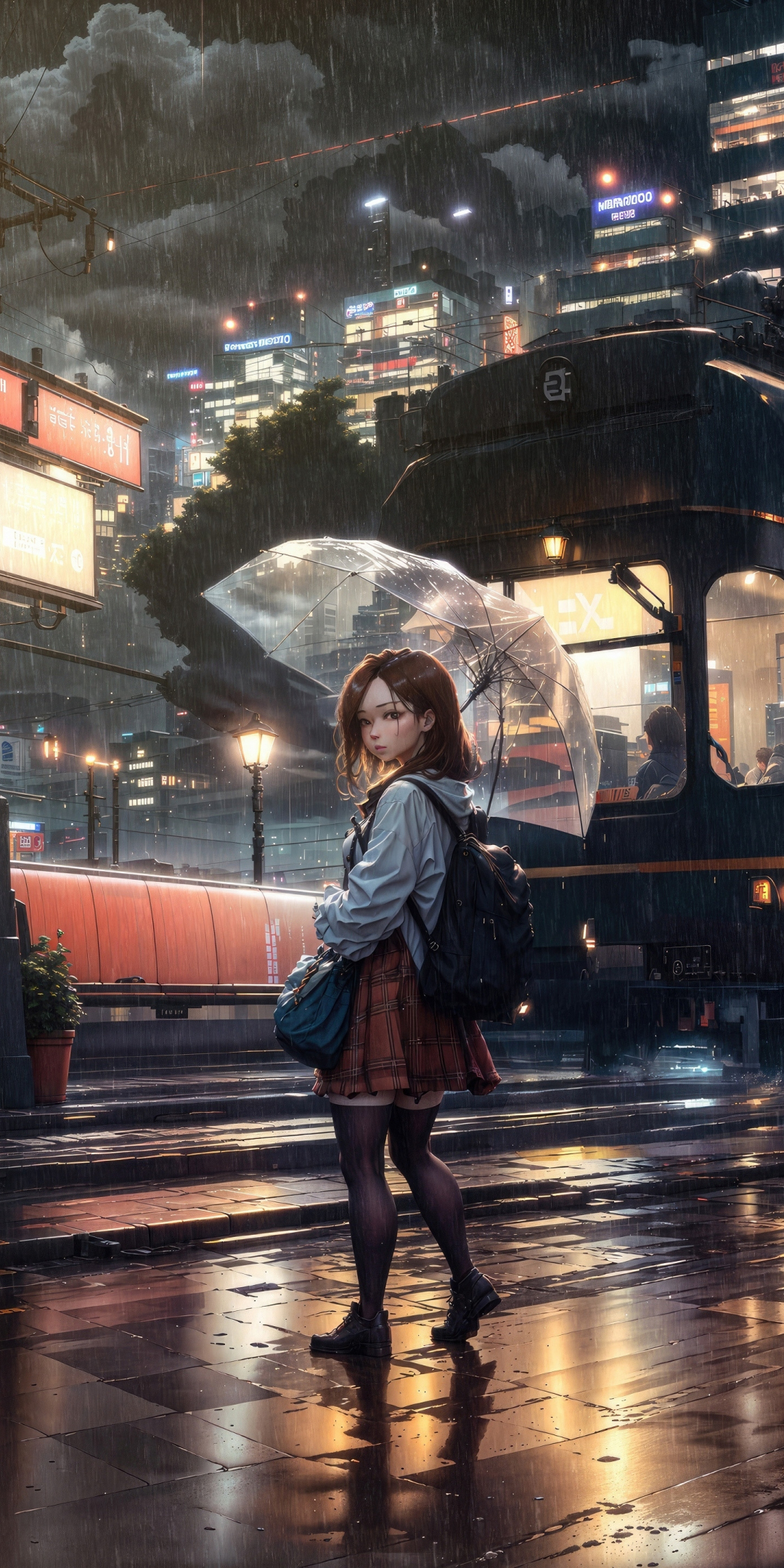 Rainy day, anime girl, walking through the city, looking back, 1080x2160 wallpaper