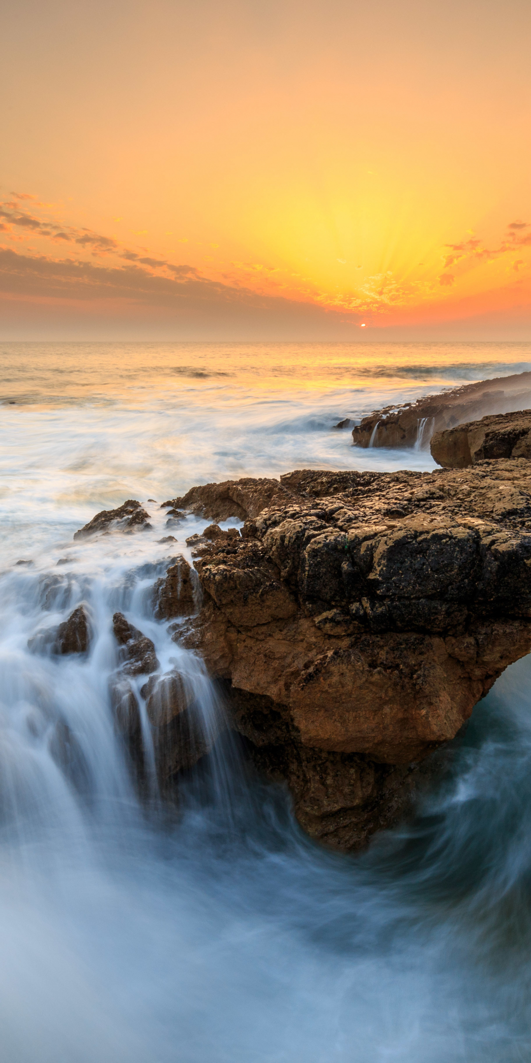 Sunset, sea, coast, rocks, nature, 1080x2160 wallpaper