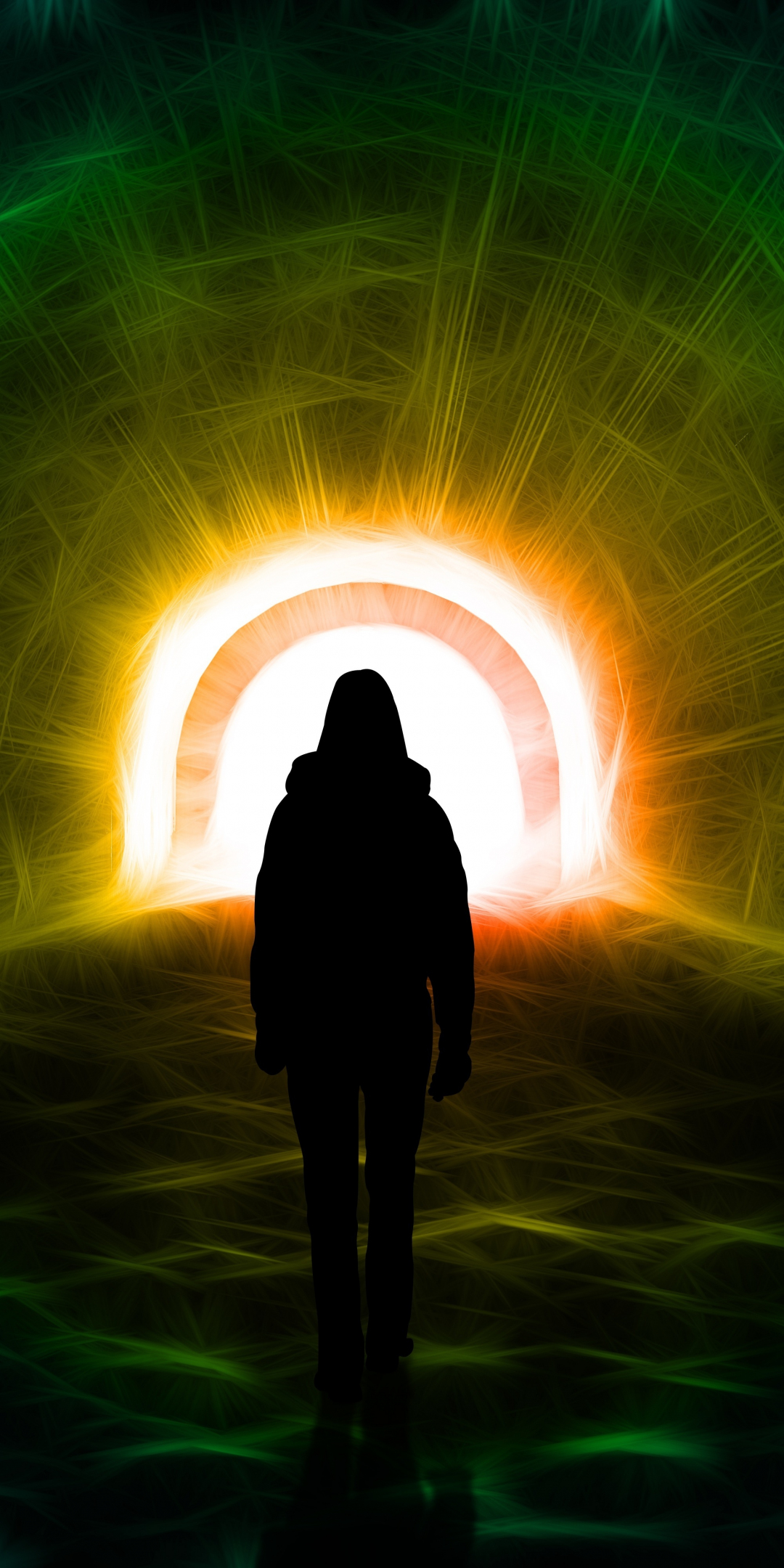 Light, tunnel, man in hoodie, silhouette, 1080x2160 wallpaper