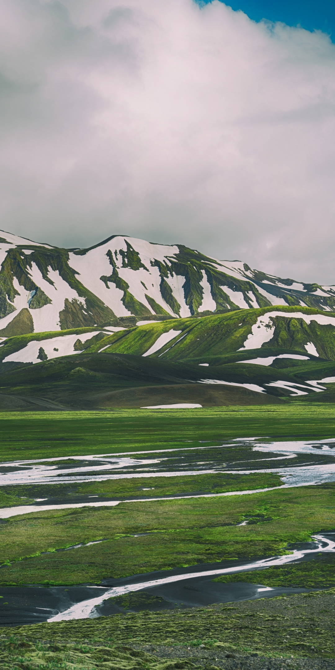 Iceland, mountains, snow, green landscape, 1080x2160 wallpaper
