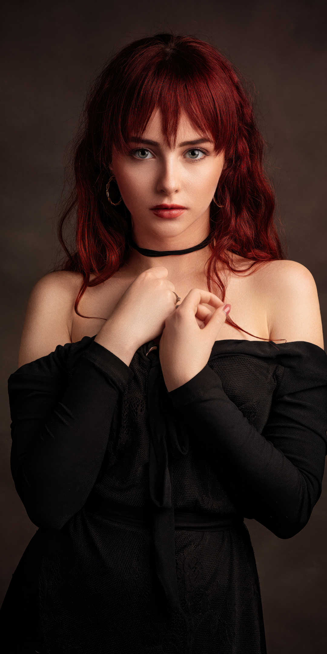 A redhead girl in black dress, pretty woman, 1080x2160 wallpaper