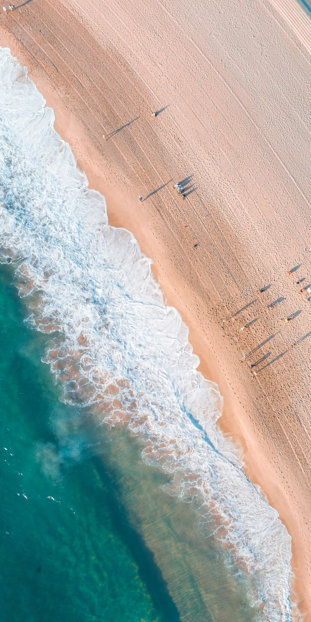 Aerial view, white, sea waves, green water, beach, 1080x2160 wallpaper