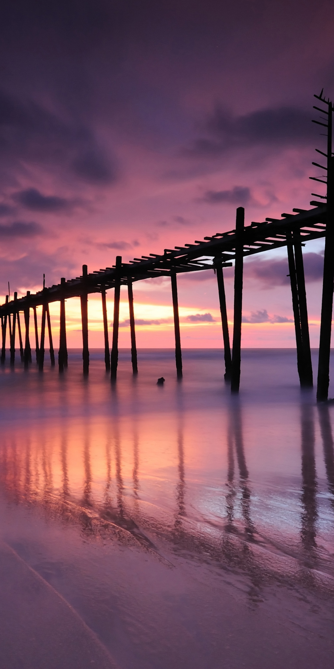Wooden old pier, beach, sunset, 1080x2160 wallpaper