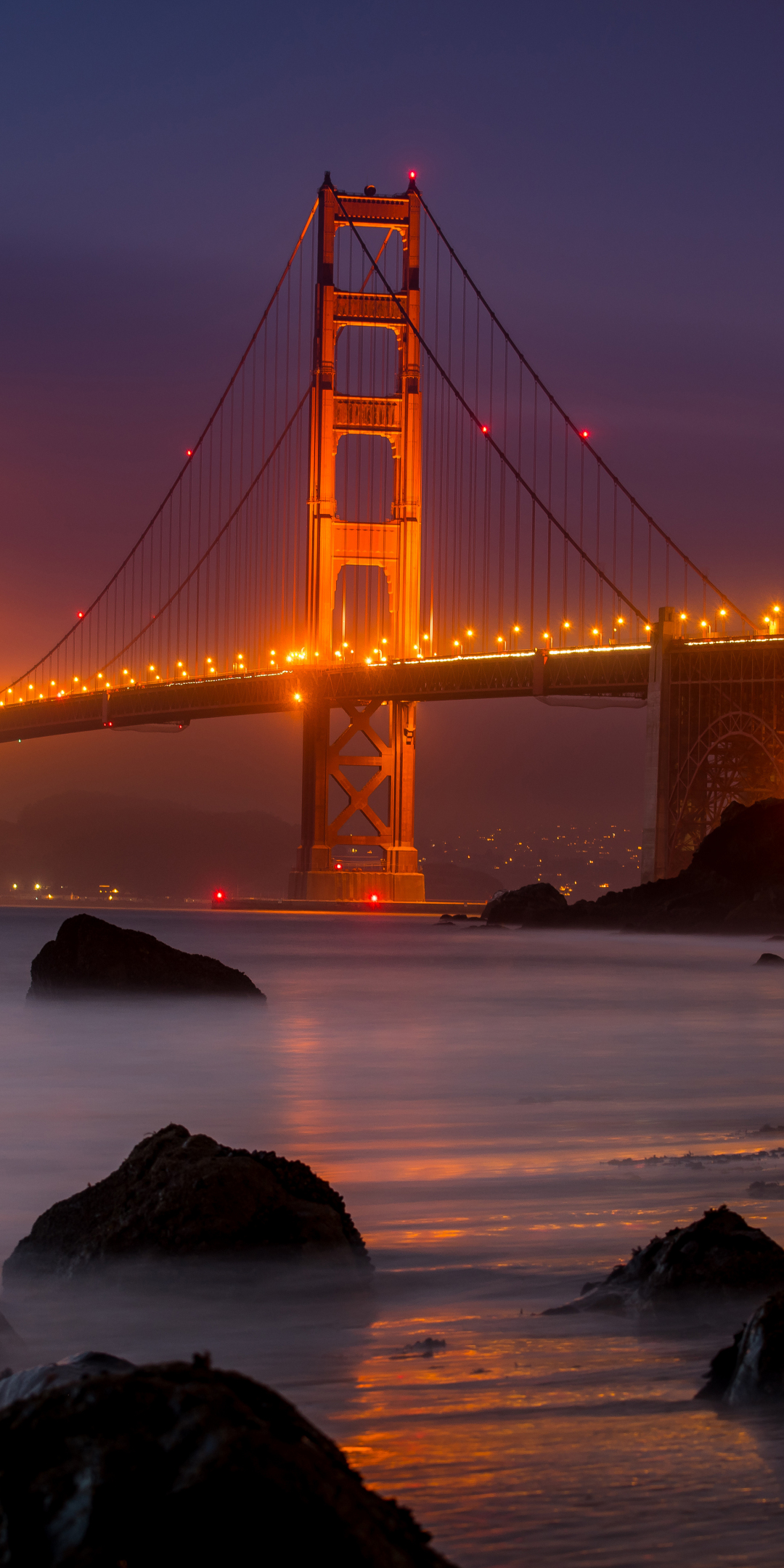 Golden Gate Bridge, San Francisco, yellow lights, night, 1080x2160 wallpaper