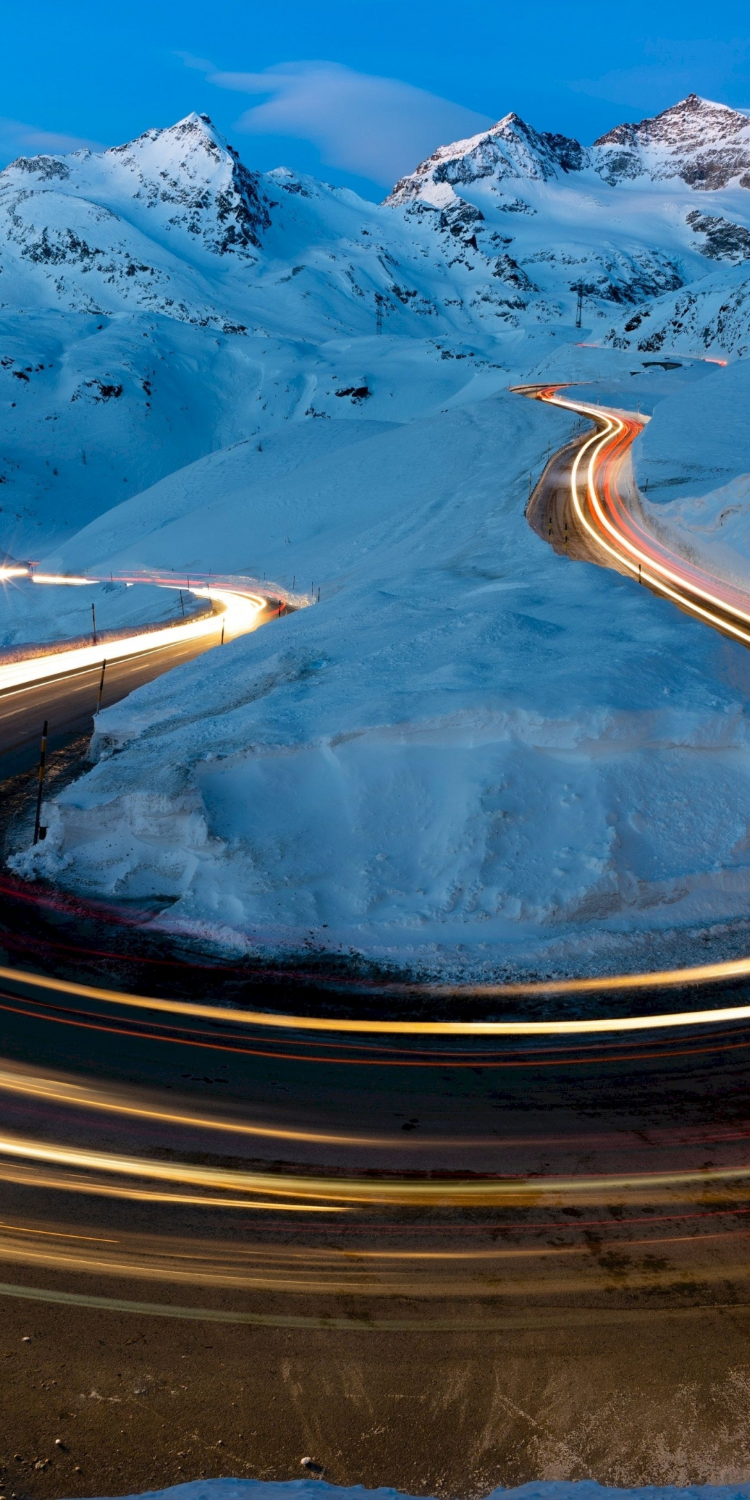 Winter, road turn, long exposure, snow, glacier, 1080x2160 wallpaper