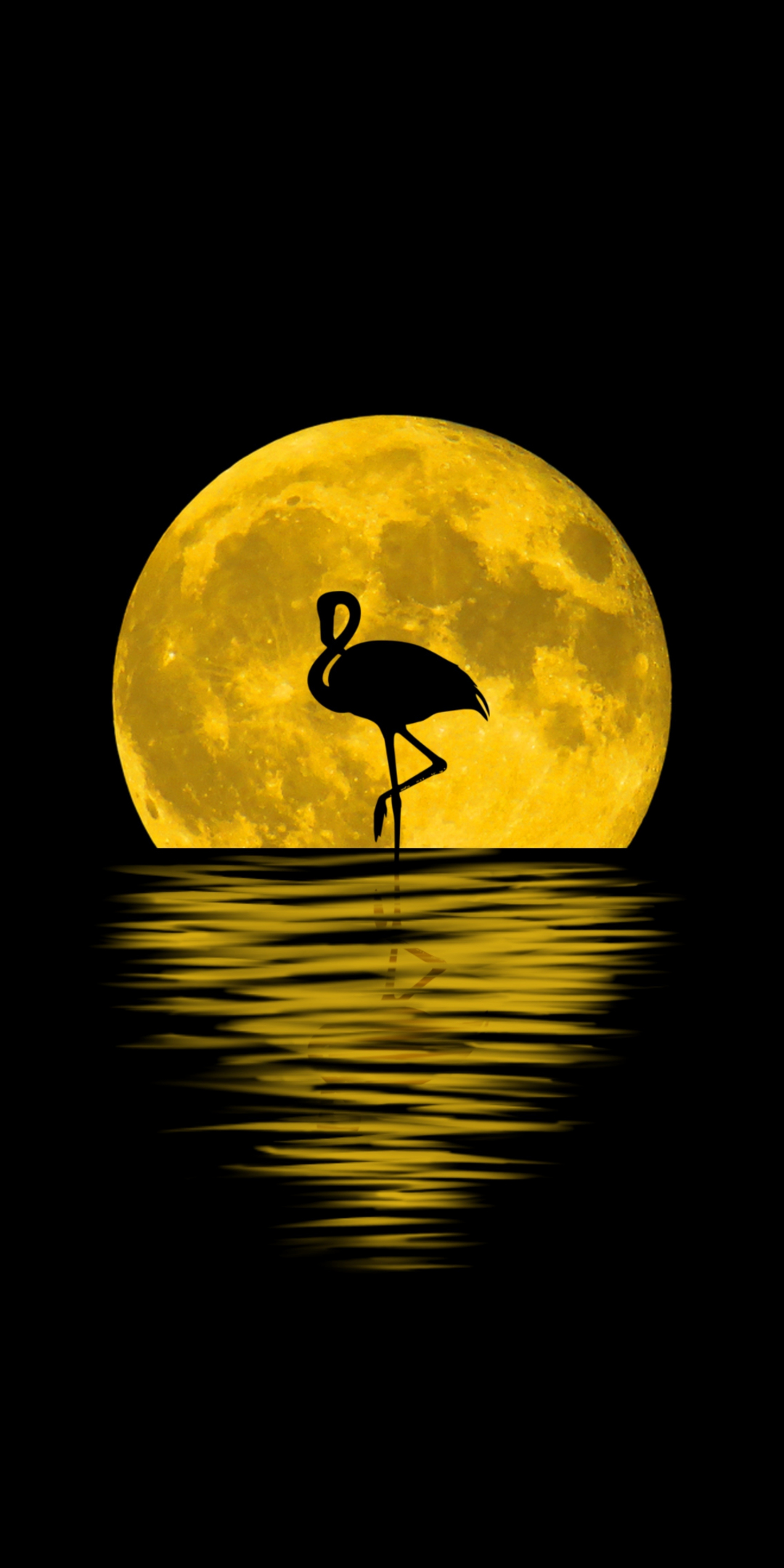 Flamingo, moon, silhouette, reflections, digital art, 1080x2160 wallpaper