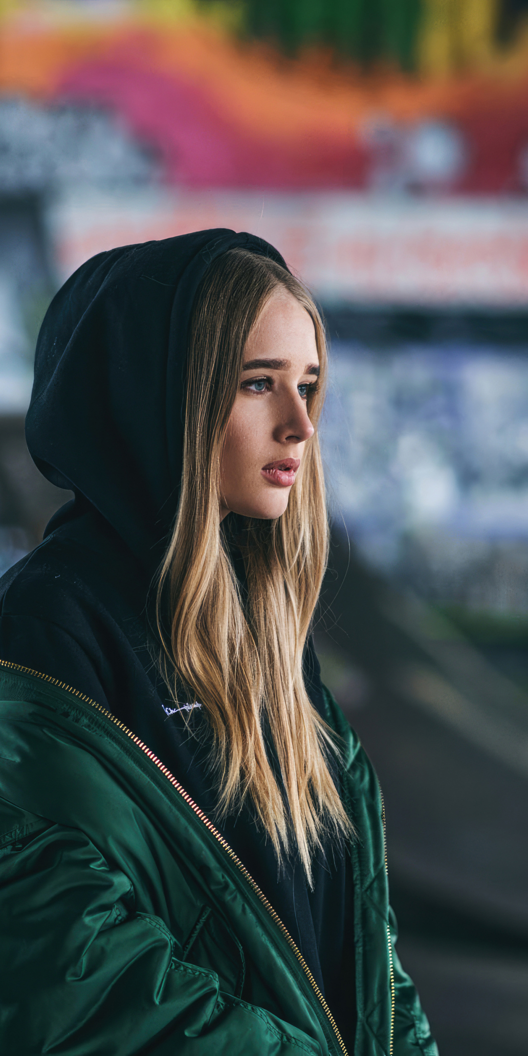 Girl in hoodie, pretty and blonde, 1080x2160 wallpaper