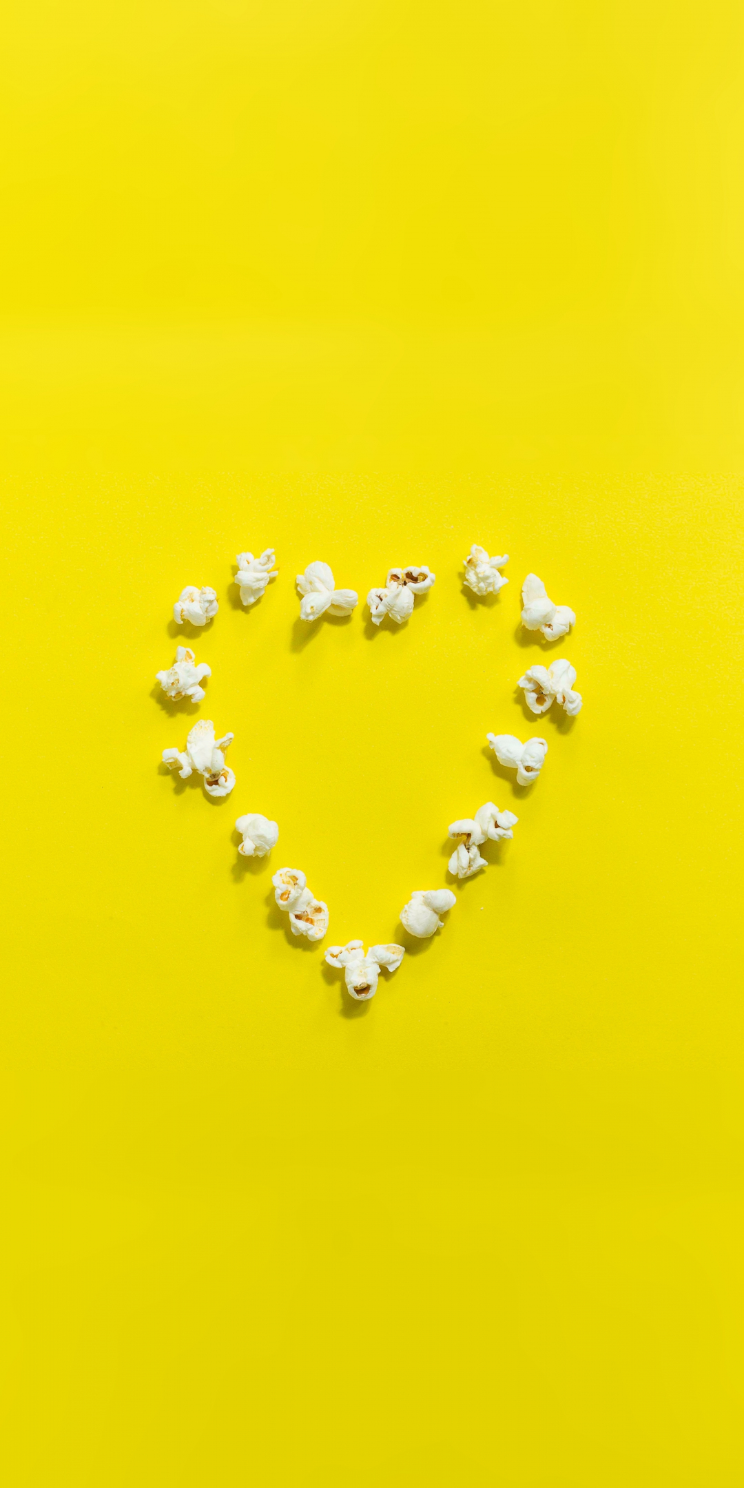 Popcorn, heart shape, yellow background, minimal, 1080x2160 wallpaper