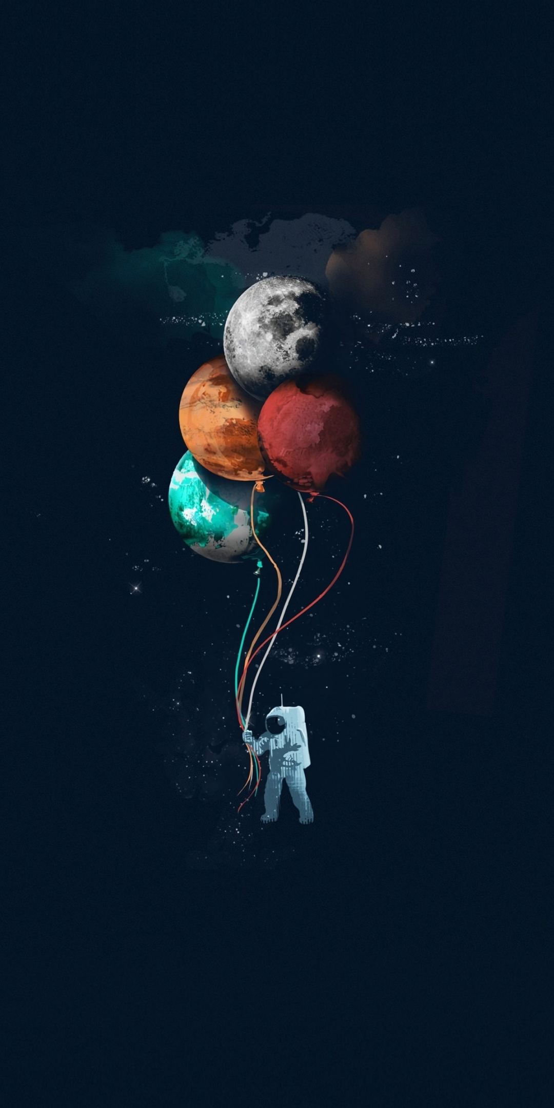 Astronaut, balloons, space, minimal, art, 1080x2160 wallpaper