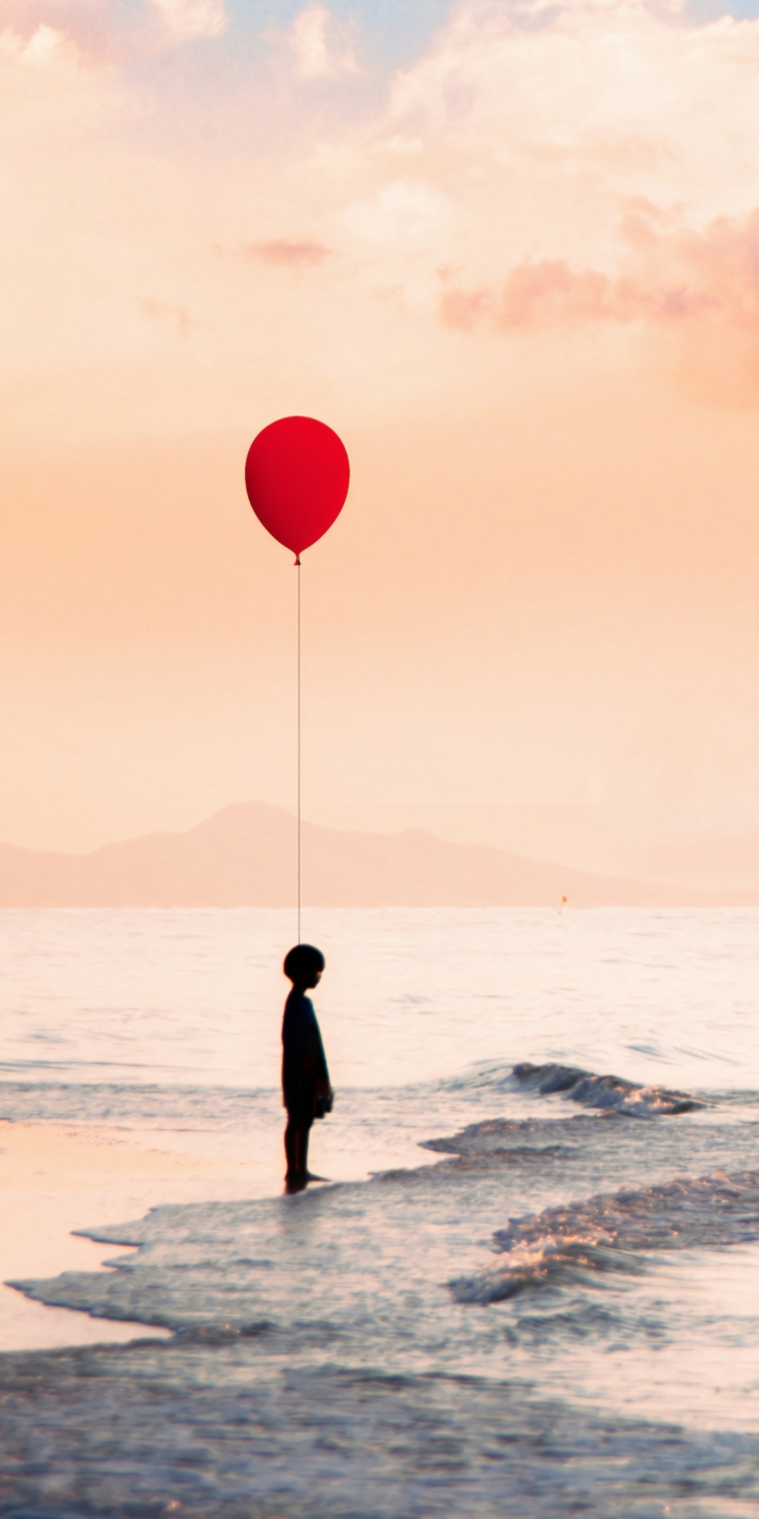Kid with red ballon, at seashore, art, 1080x2160 wallpaper