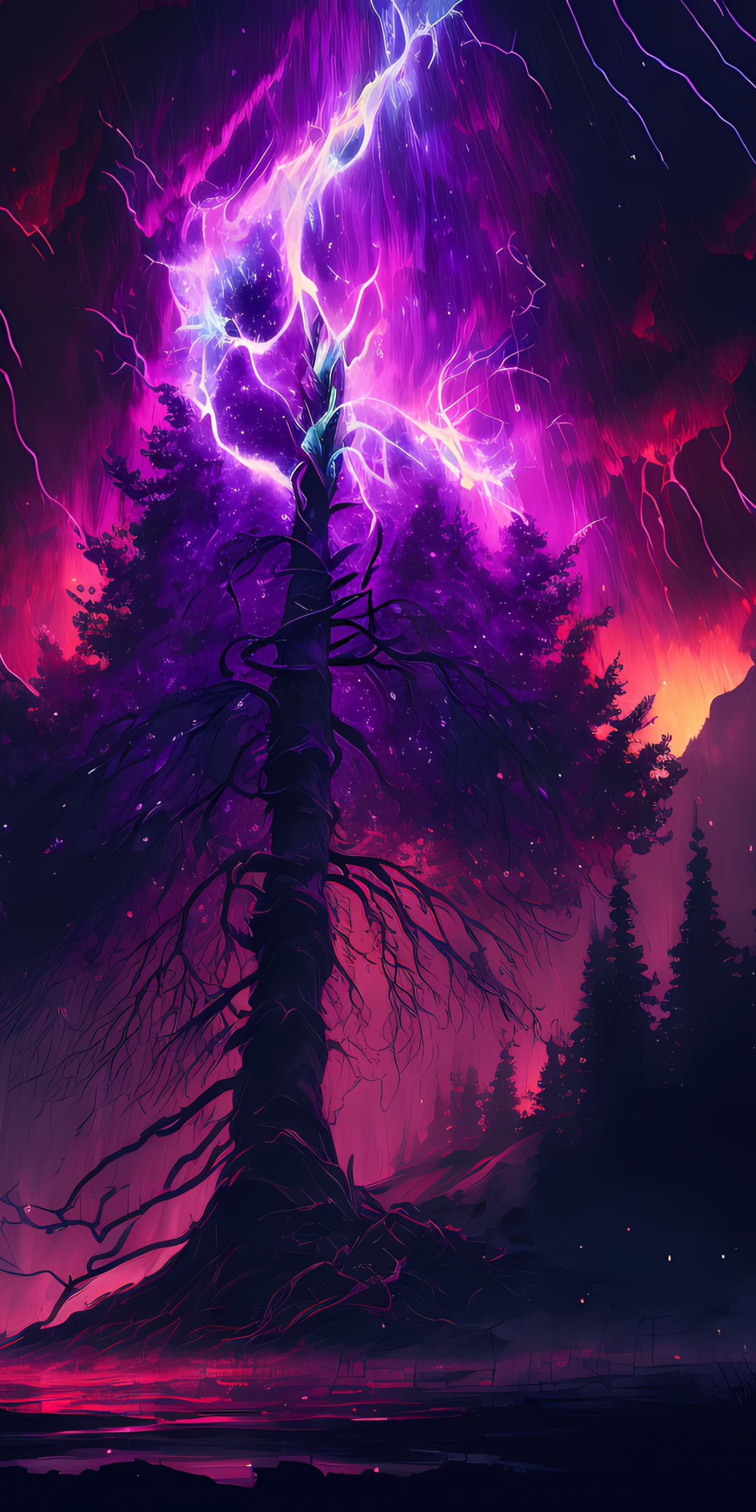 Burning tree, clouds, storms, lightings, art, 1080x2160 wallpaper