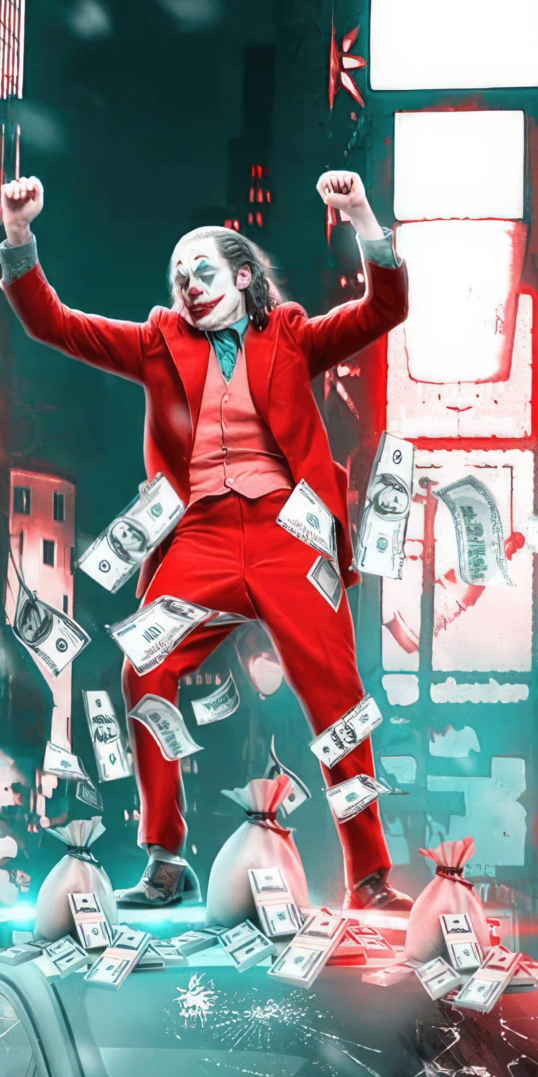 Joker dancing on the police car, looted money, movie art, 1080x2160 wallpaper