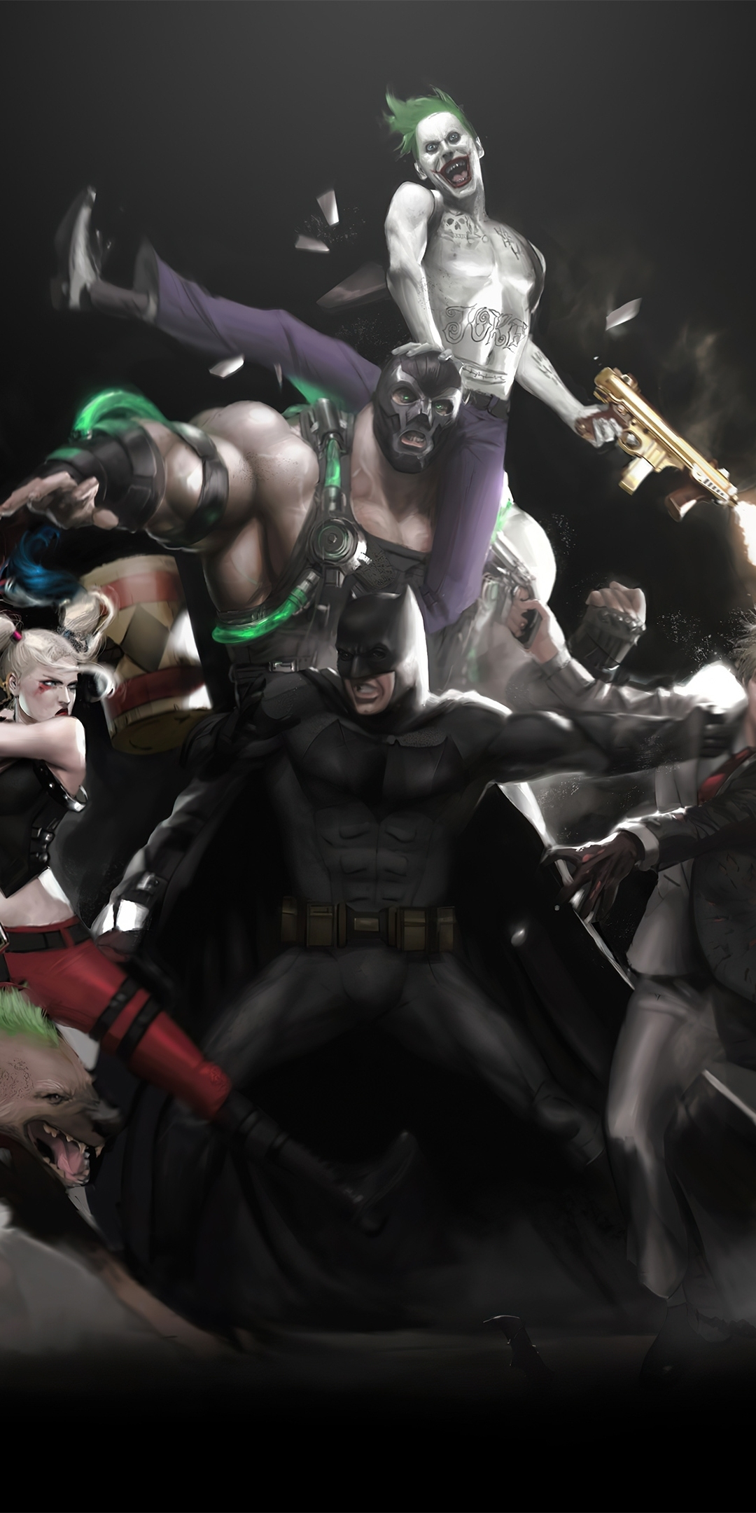 Batman vs all villain, dark, art, 1080x2160 wallpaper
