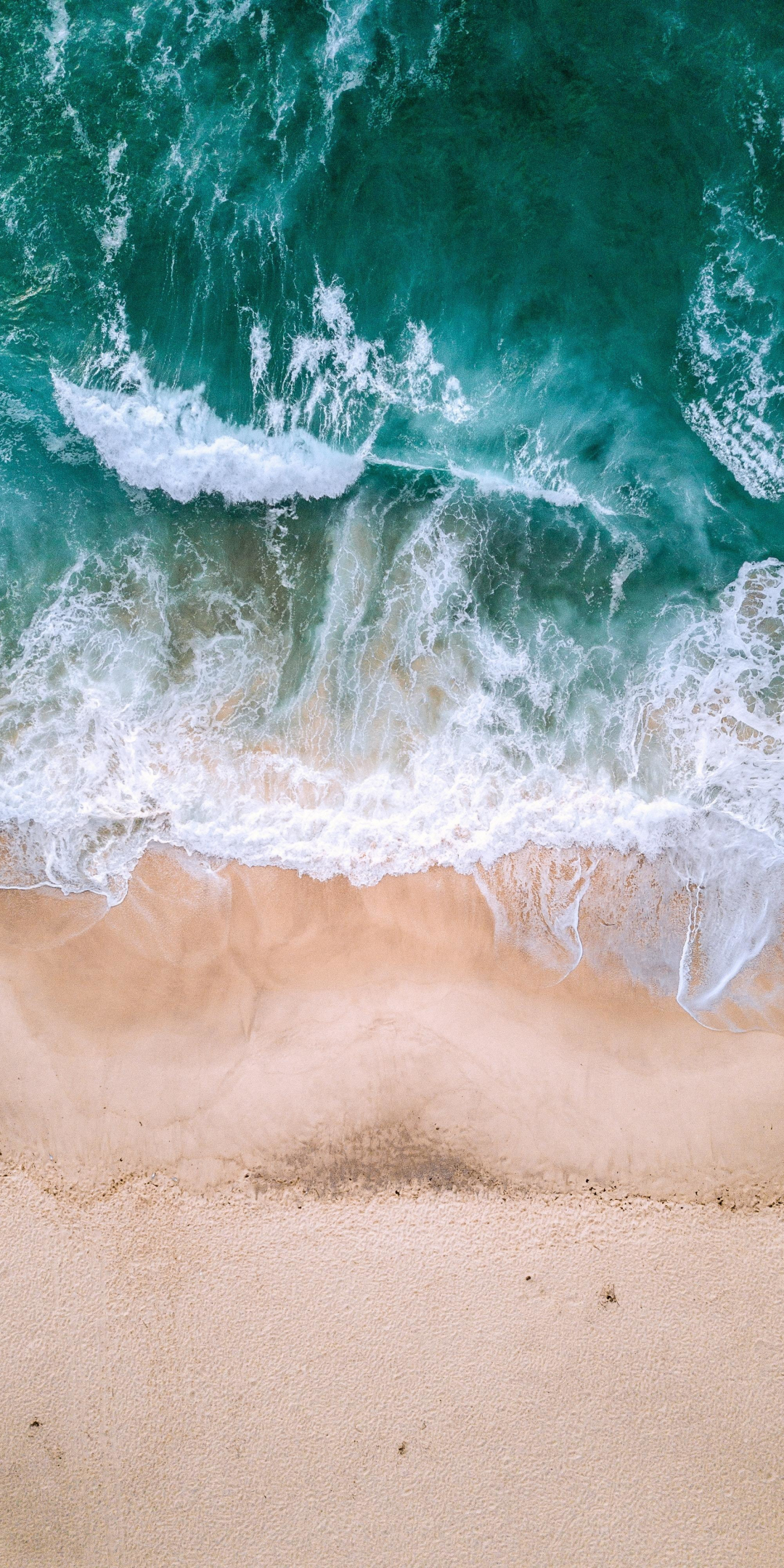 Aerial view, sea waves, beach, green white, 1080x2160 wallpaper