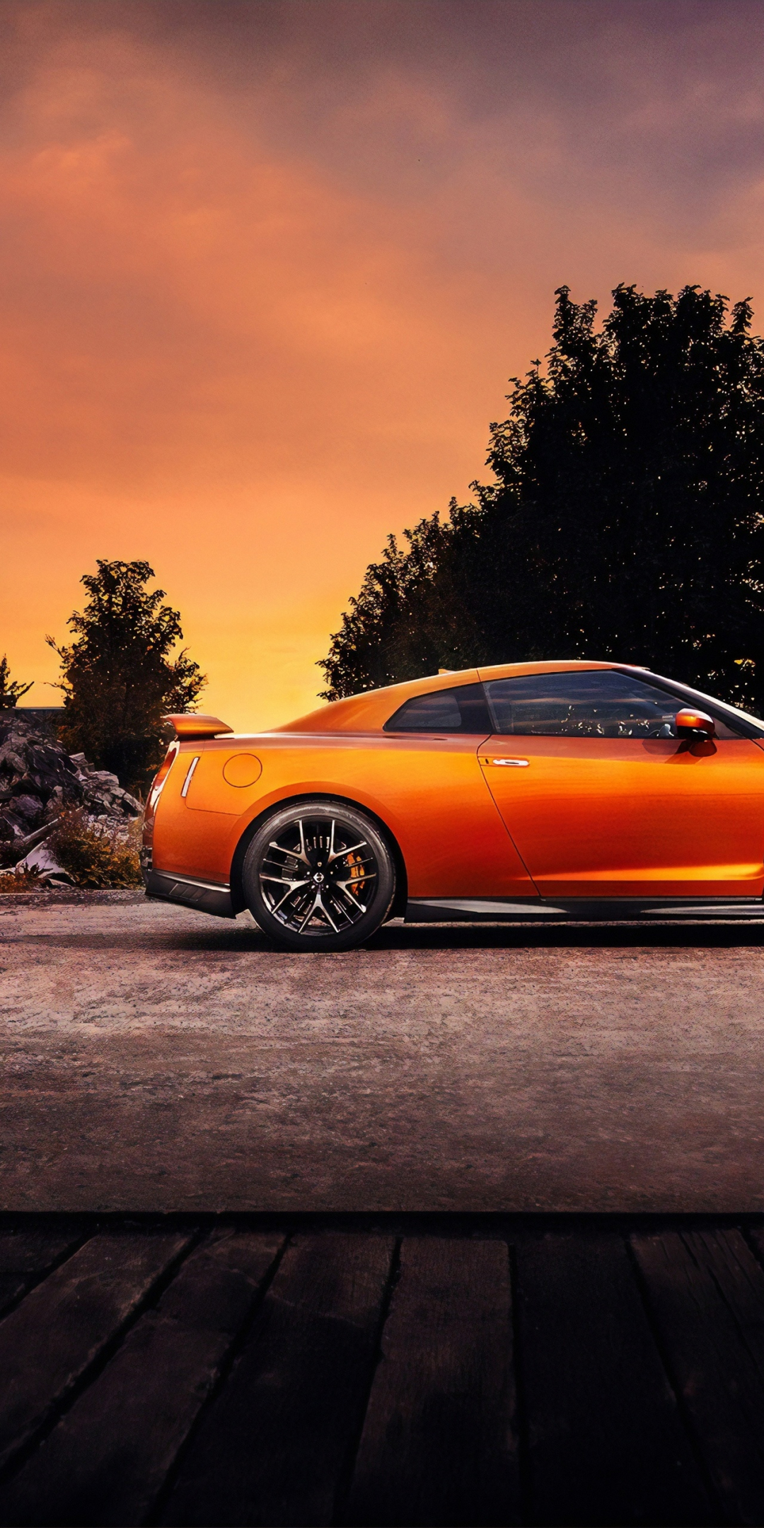 Side view, orange, Nissan GT-R, 1080x2160 wallpaper